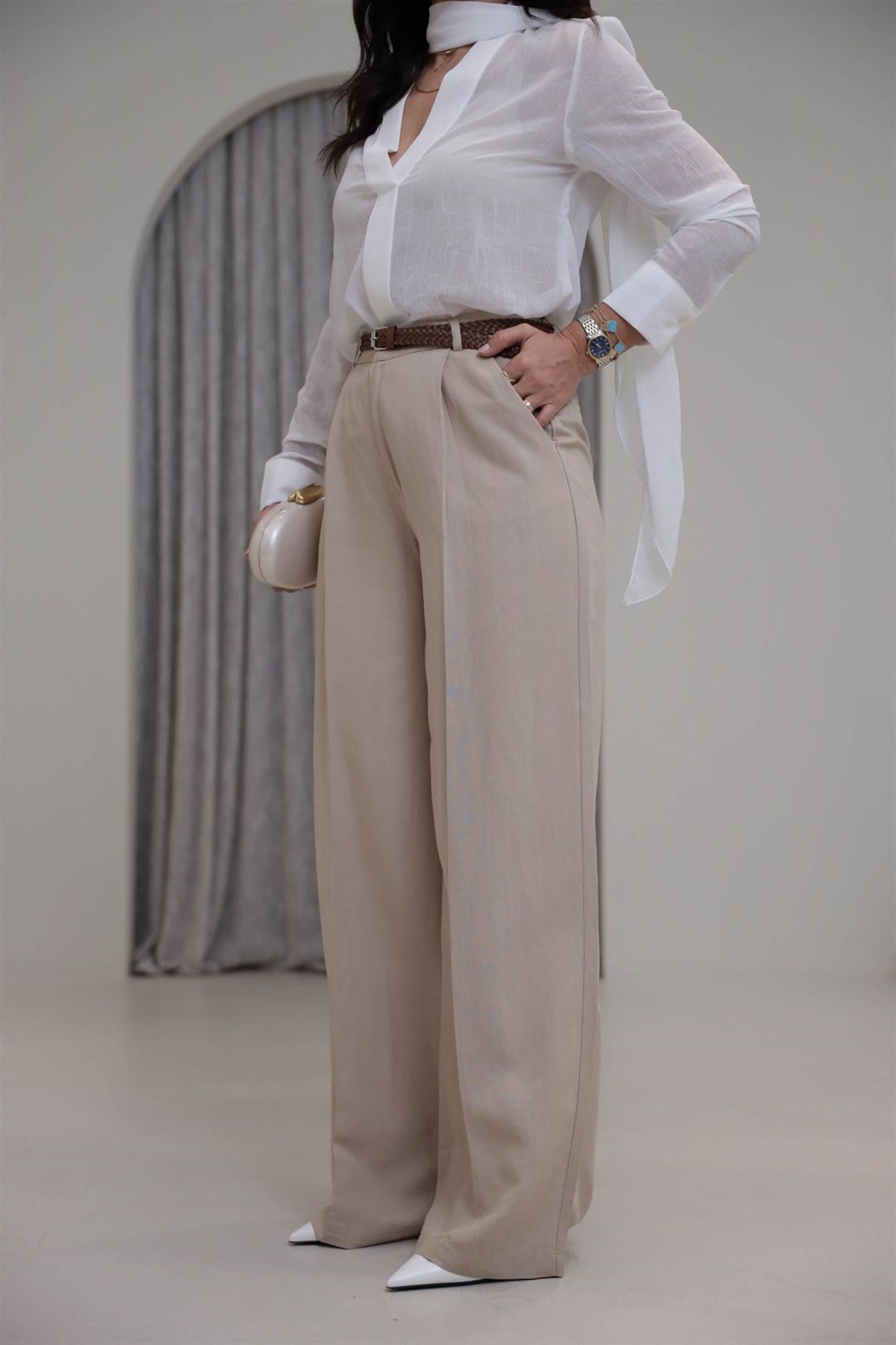 1150 Örme Kemerli Viskon Keten Pantolon BEJ