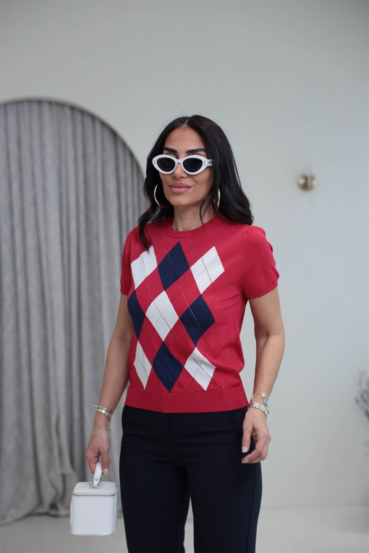 0617 Baklava Desenli Rayon Triko Bluz KIRMIZI