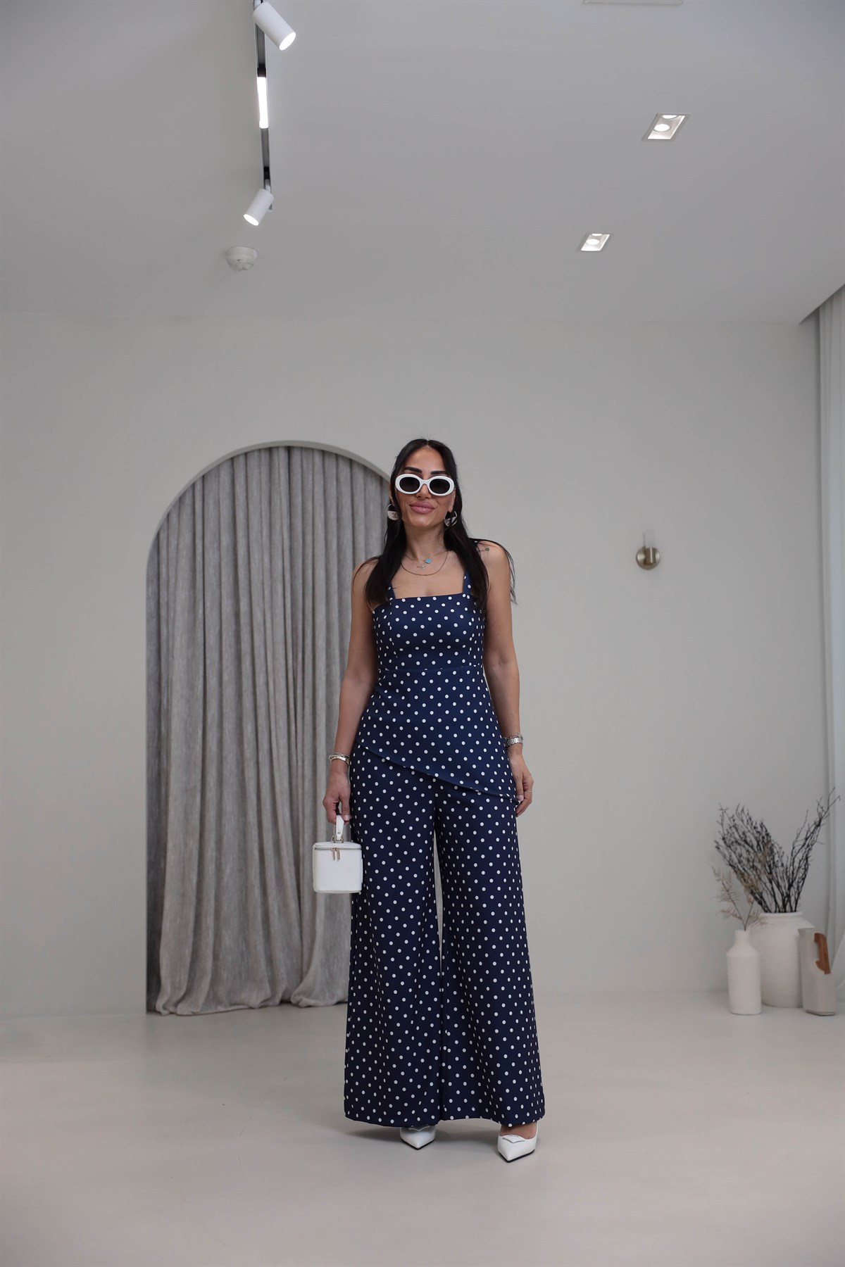 4161 Puantiyeli Askılı Bluz Pantolon Takım LACİVERT