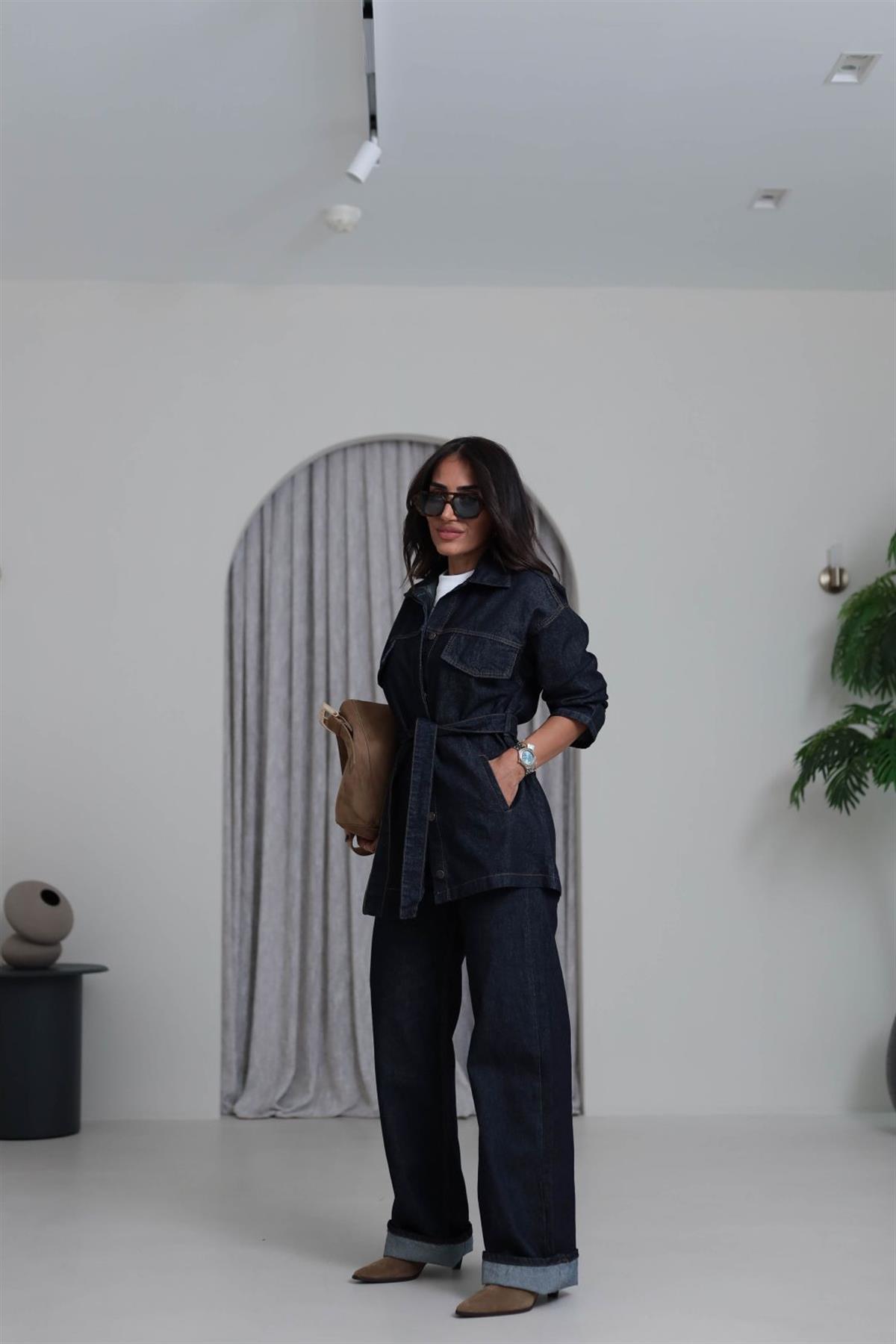 7653 Gizli Düğmeli Kuşaklı Cepli Denim Takım LACİVERT