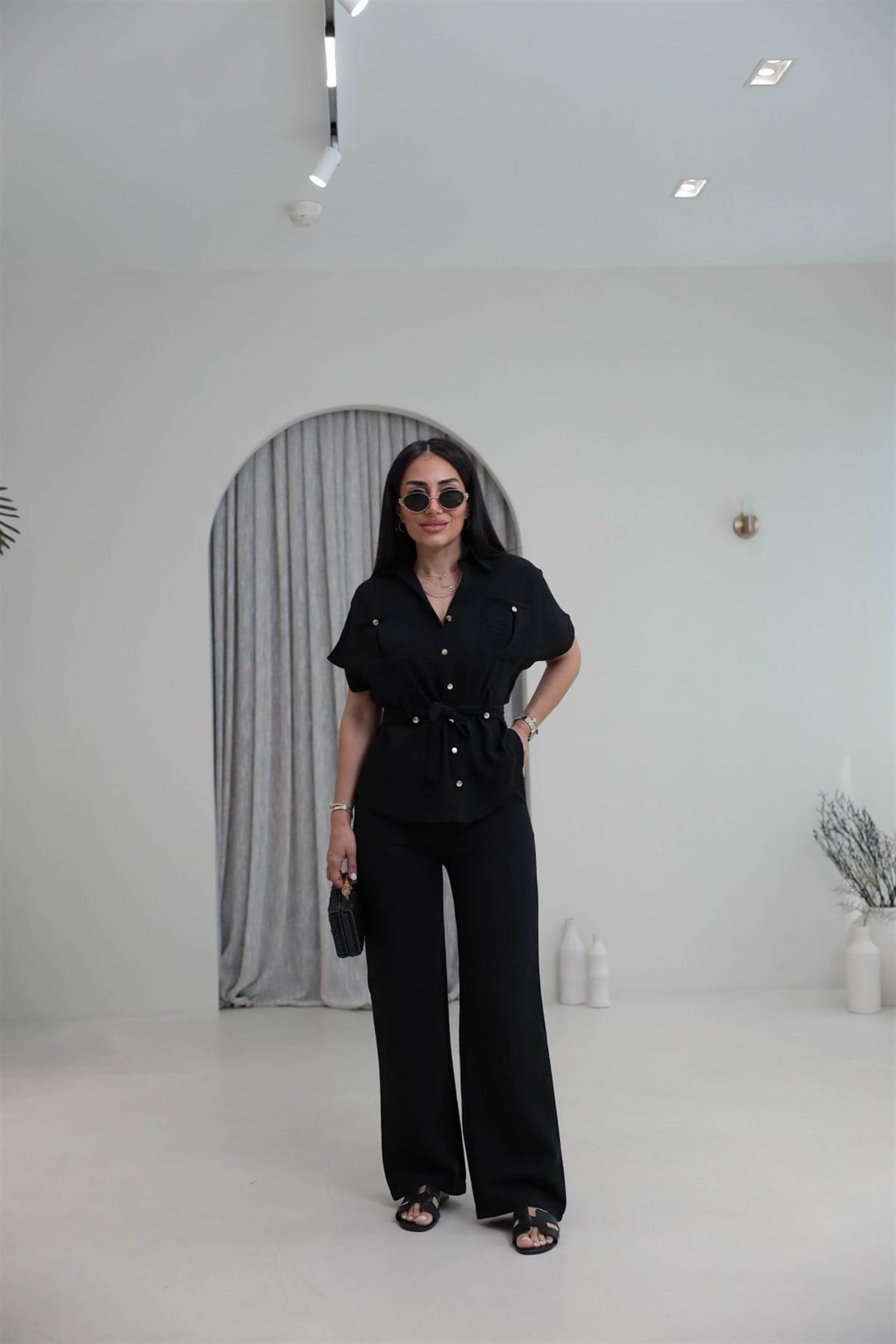 7122 Kuşaklı Gold Düğmeli Keten Takım SİYAH