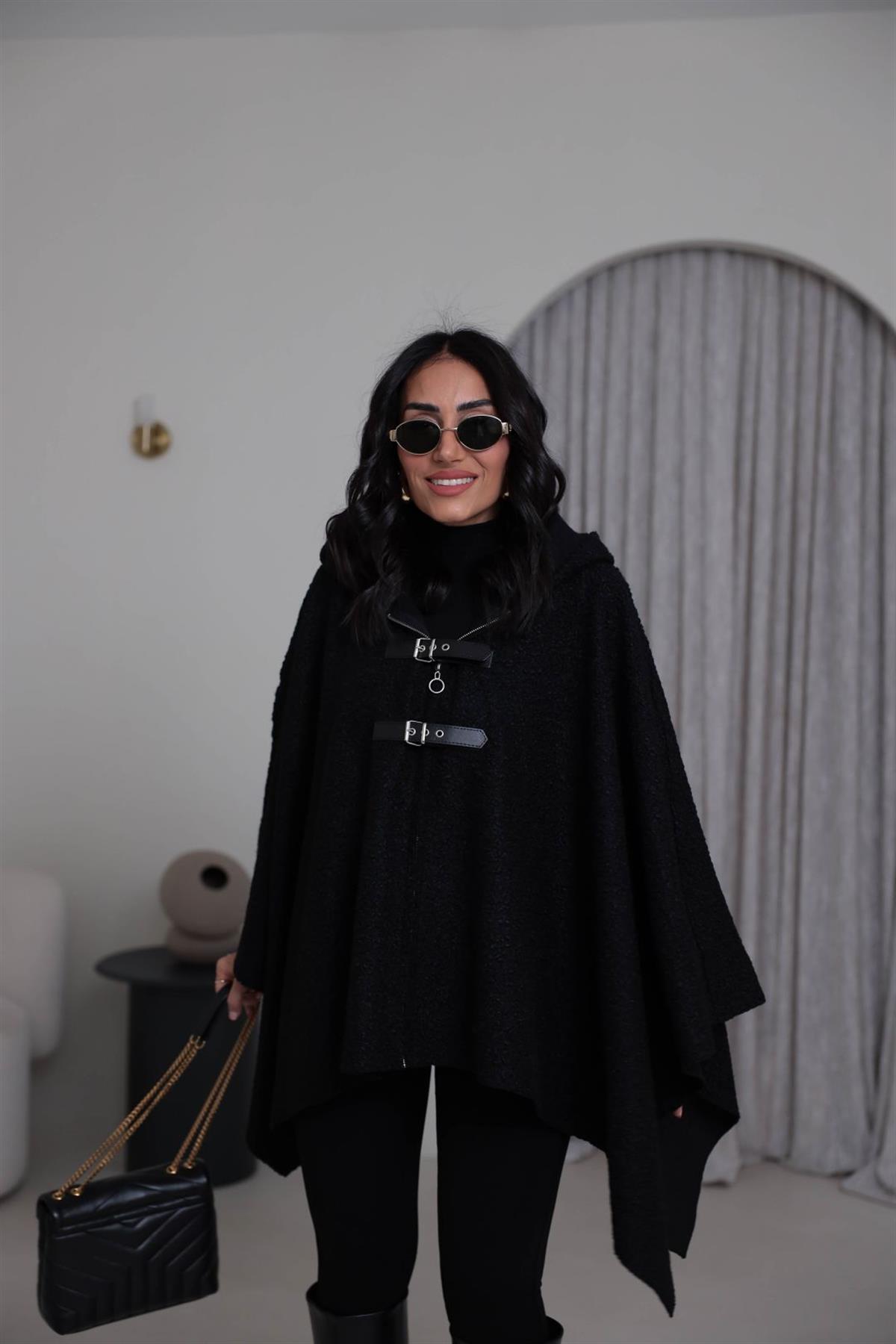 9175 Kemer Detay Kapşonlu Buklet Panço SİYAH