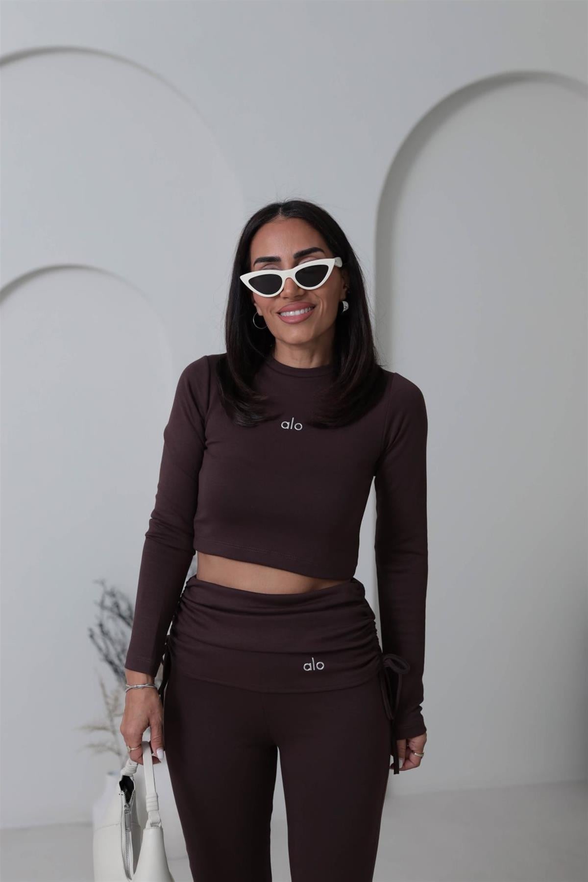 4033 Gümüş Yazı Baskılı Bel Detaylı Takım KAHVE