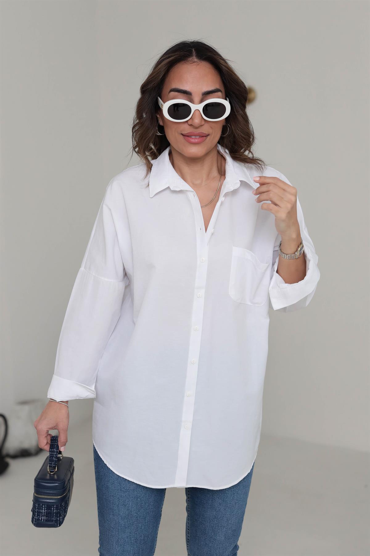 0097 Poplin Kumaş Oversize Gömlek BEYAZ