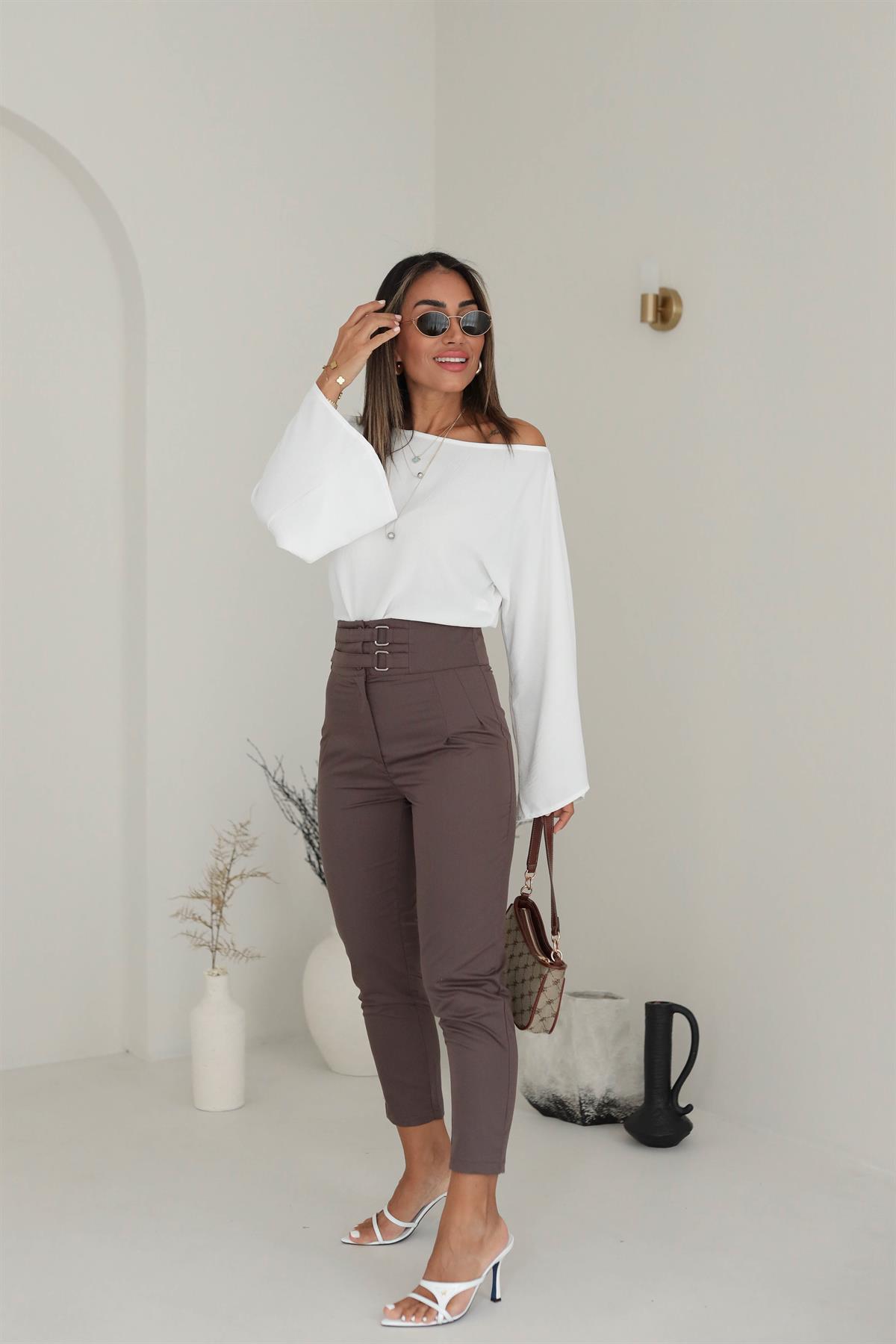 Çift Kemerli Yüksek Bel Pantolon