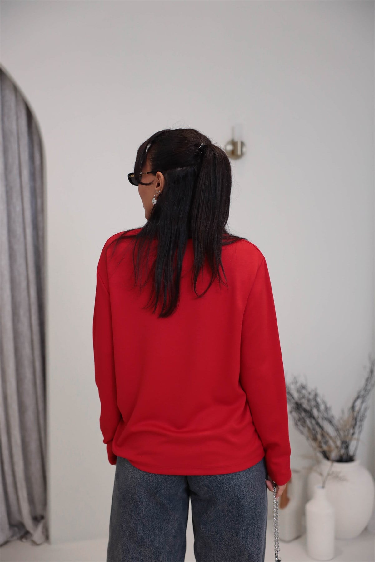 1448 Bisiklet Yaka uzun Kollu Oversize Tshirt KIRMIZI