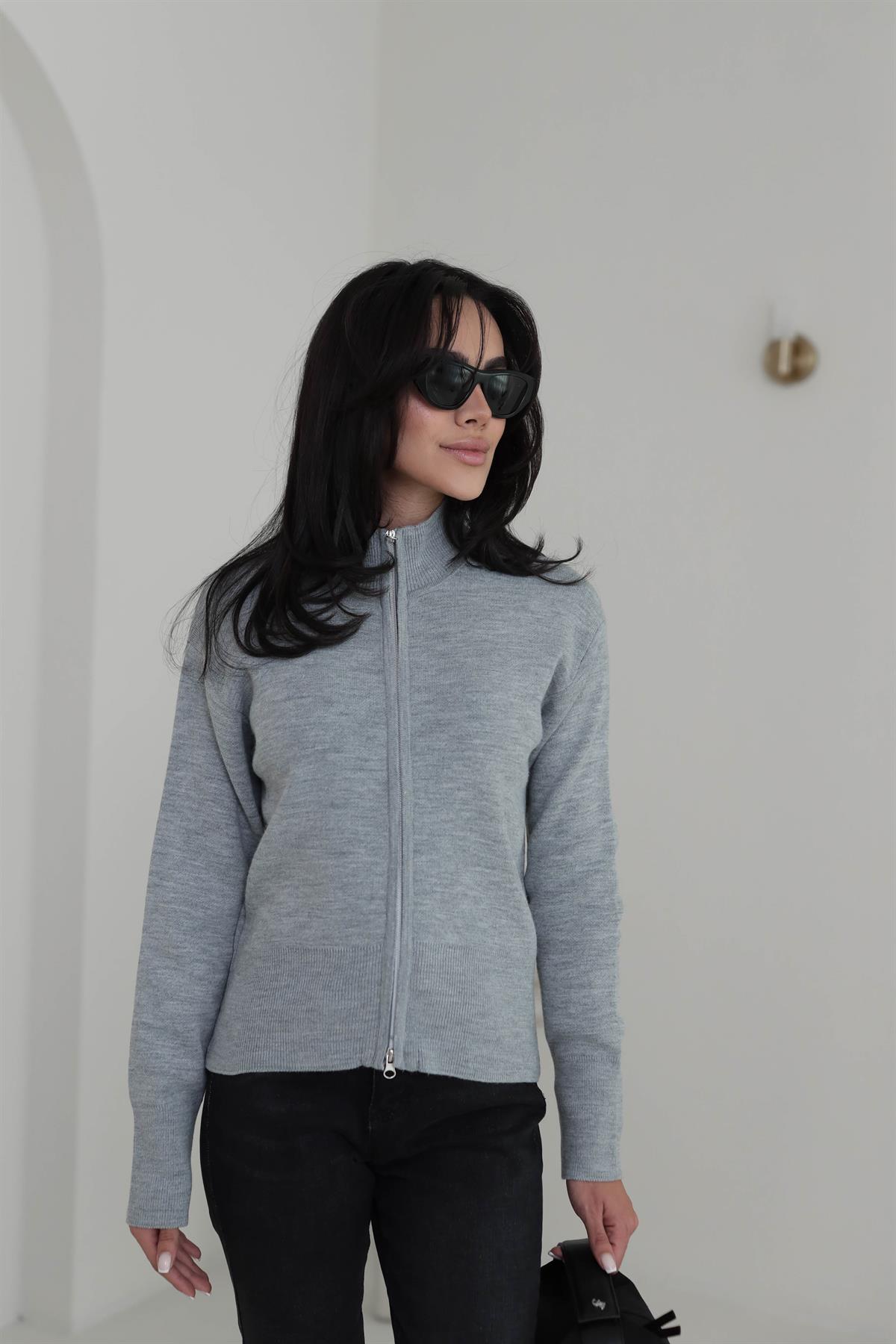 1042 Dik Yaka Çift Fermuarlı Triko Hırka GRİ