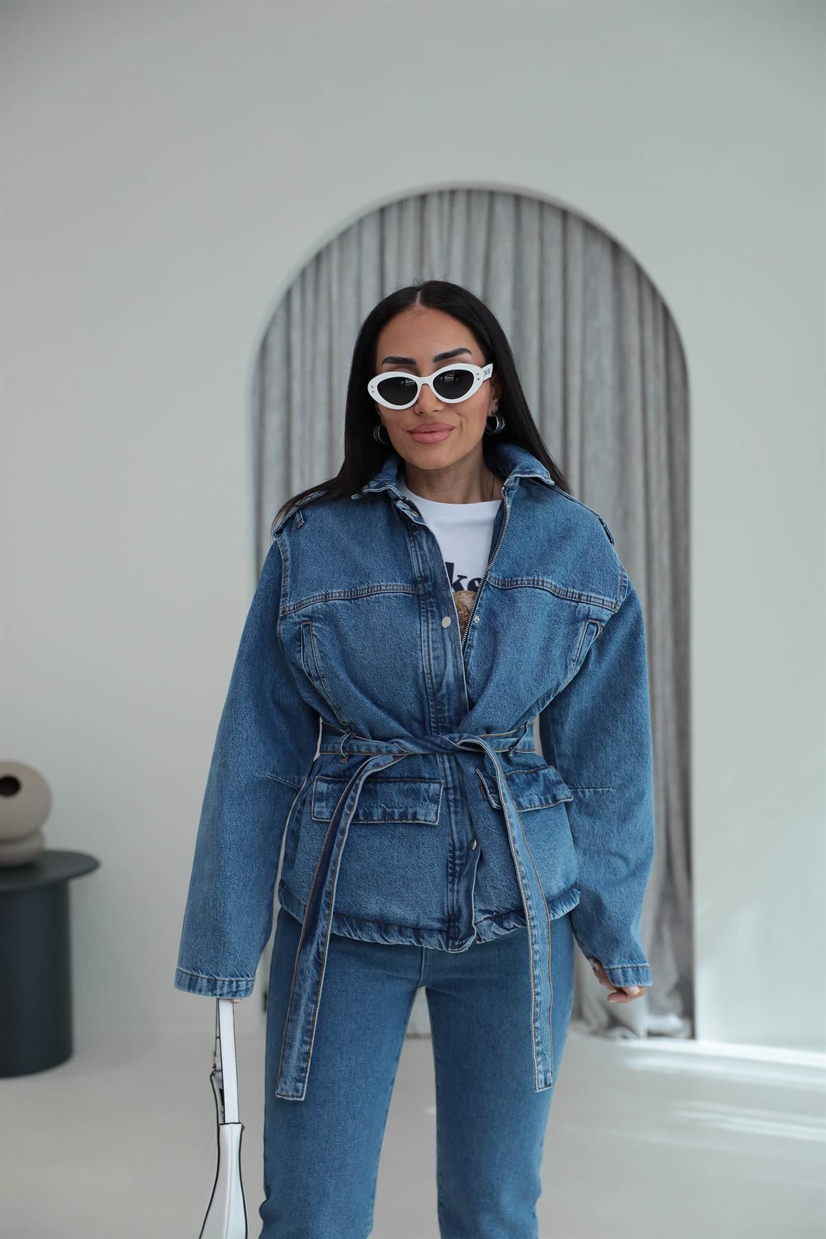 0568 Apoletli Kuşaklı Denim Ceket MAVİ