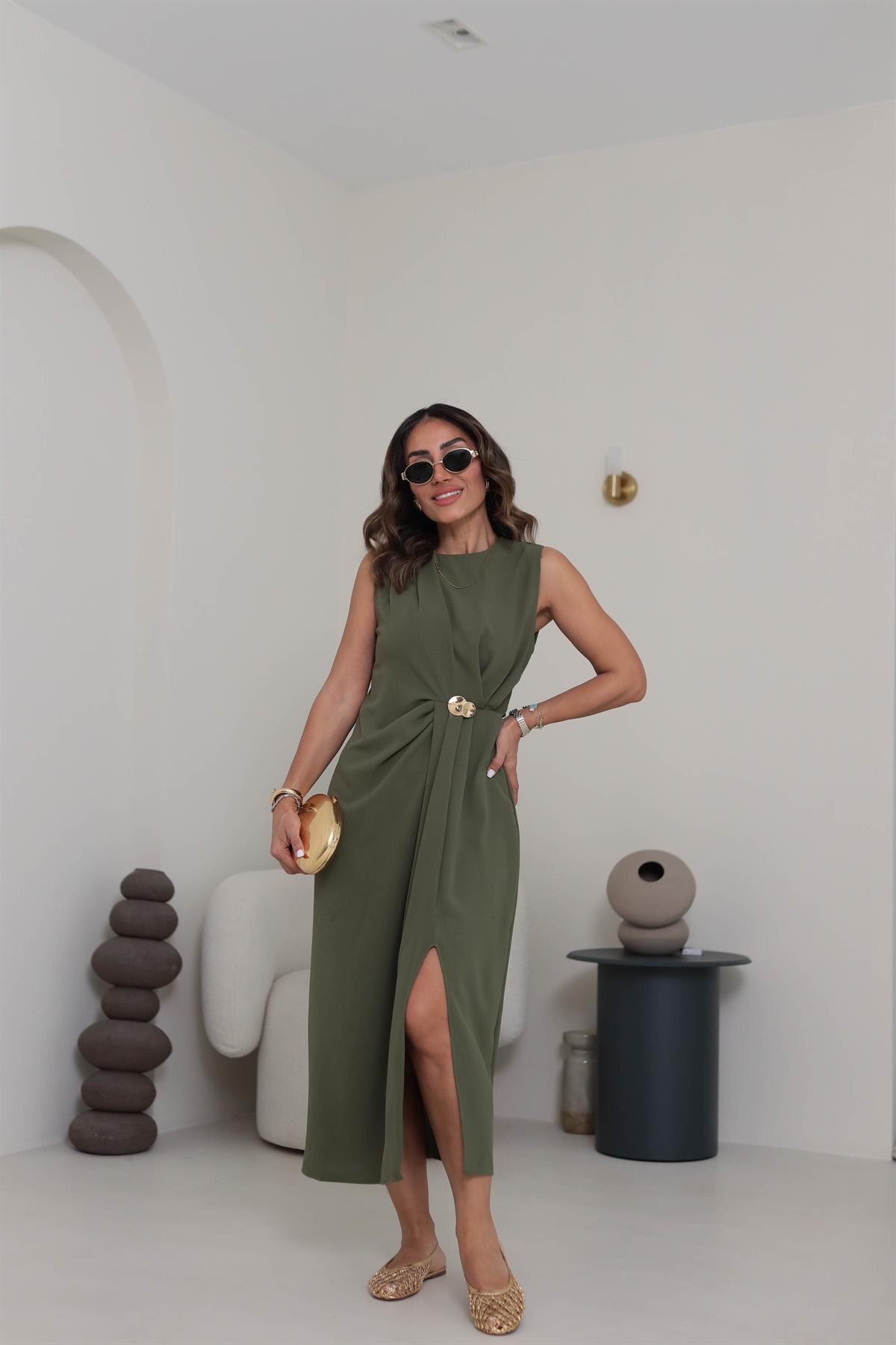 3718 Gold Broşlu Kolsuz Midi Elbise HAKİ YEŞİL