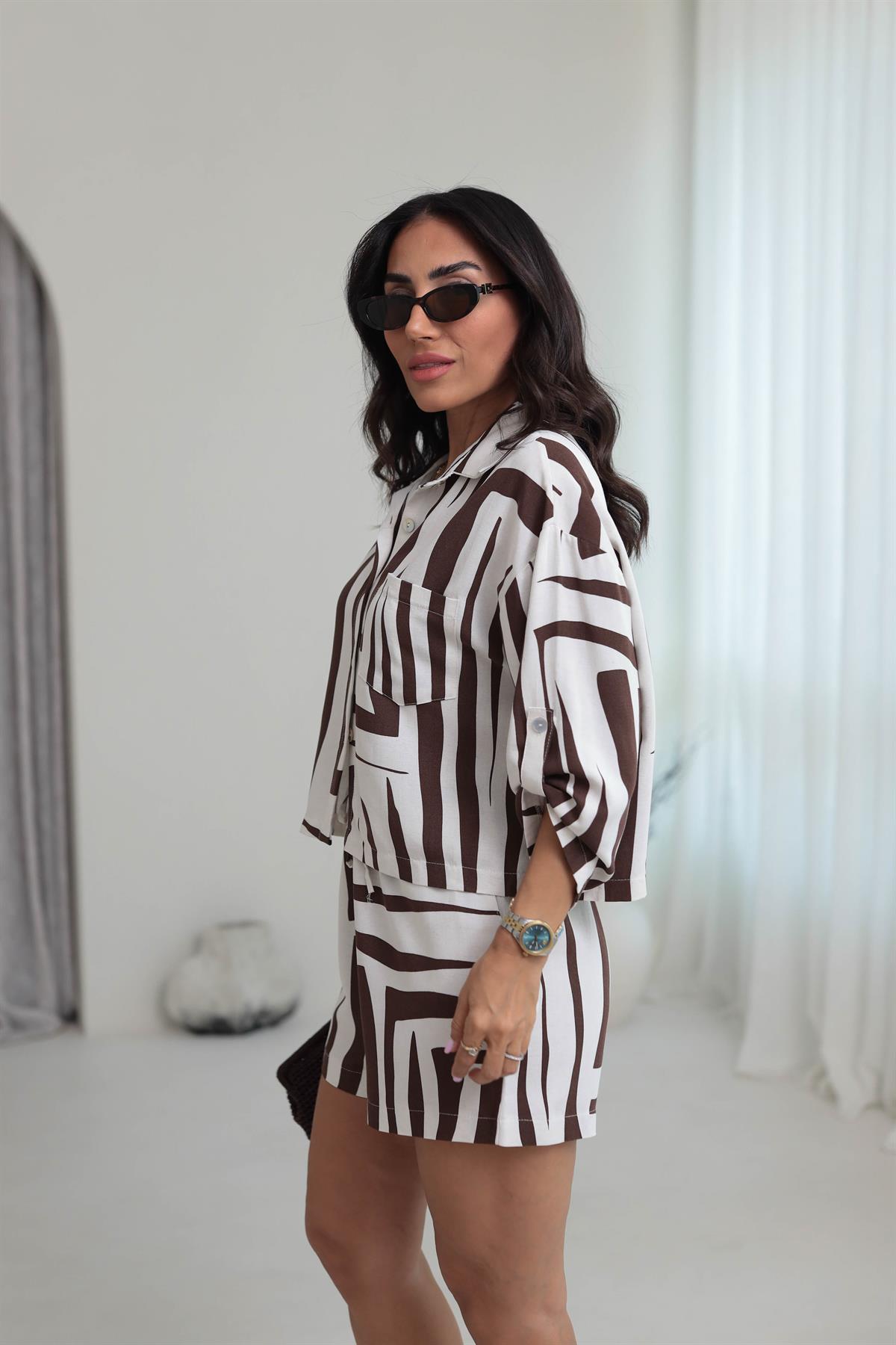 8760 Truvakar Kol Gömlek & Şort Keten Takım KAHVE