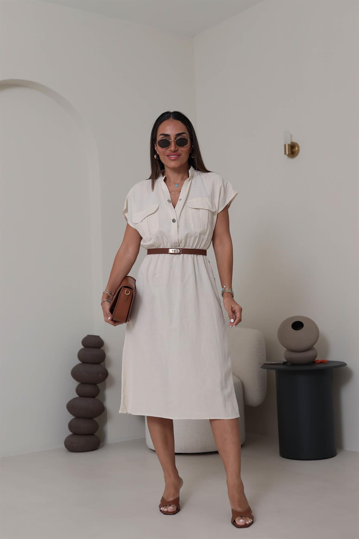 5921 Yan Çıtçıt Detay Elbise NATURAL