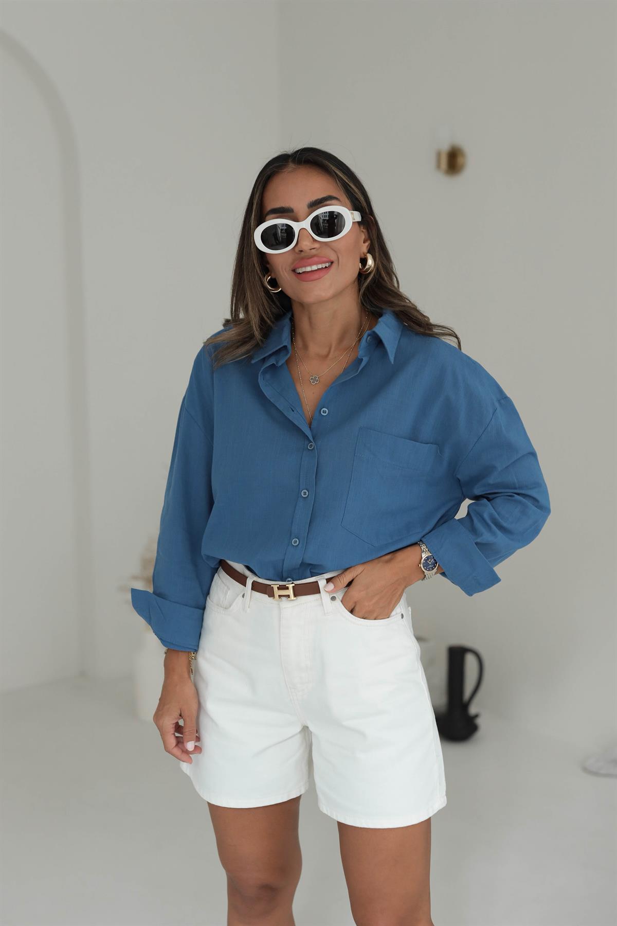 4719 Cep Detaylı Keten Gömlek