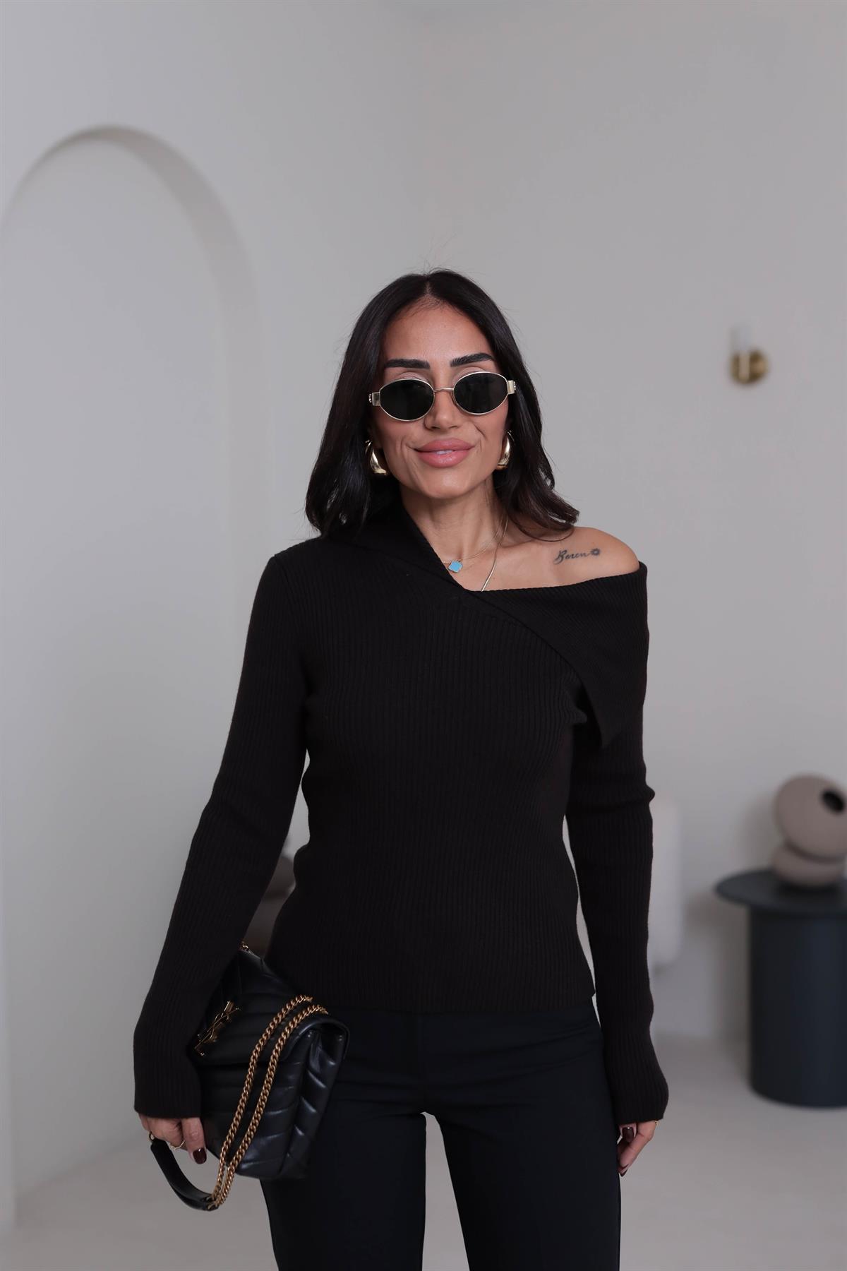 0815 Asimetrik Yaka Fitilli Triko Kazak ACI KAHVE