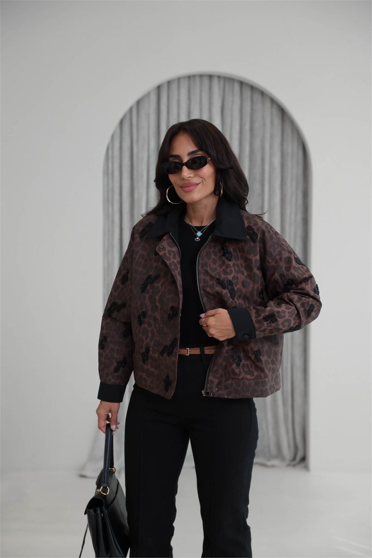 7664 Leopar Desenli Nakışlı Ceket LEOPAR