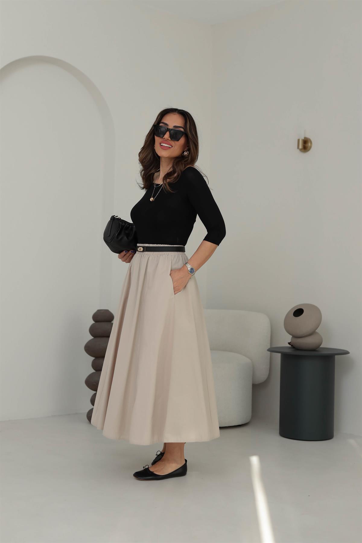 7884 Bel Lastikli Cep Detaylı Parçalı Midi Etek TAŞ