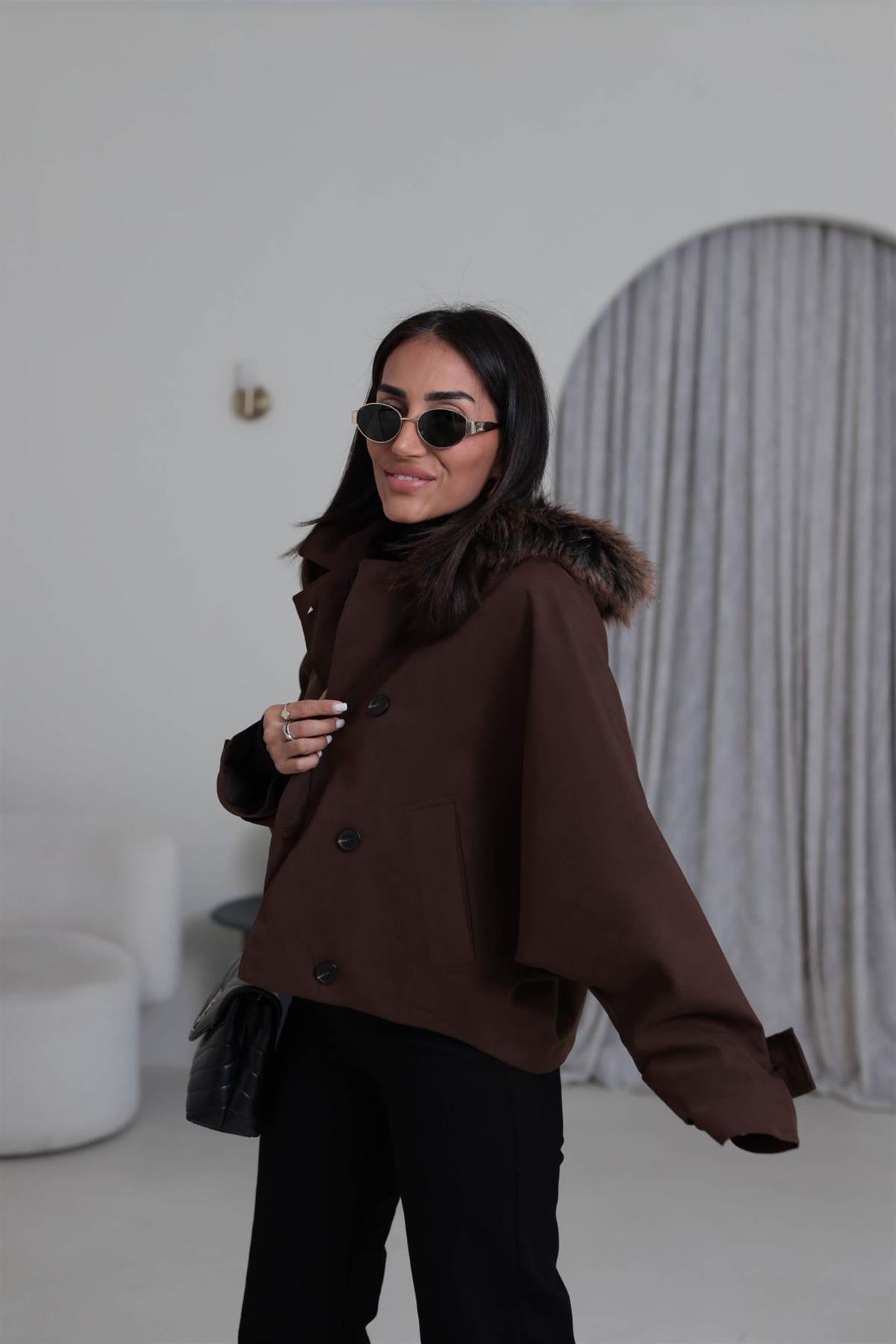 6856 Kürk Kapşonlu Parka KAHVE