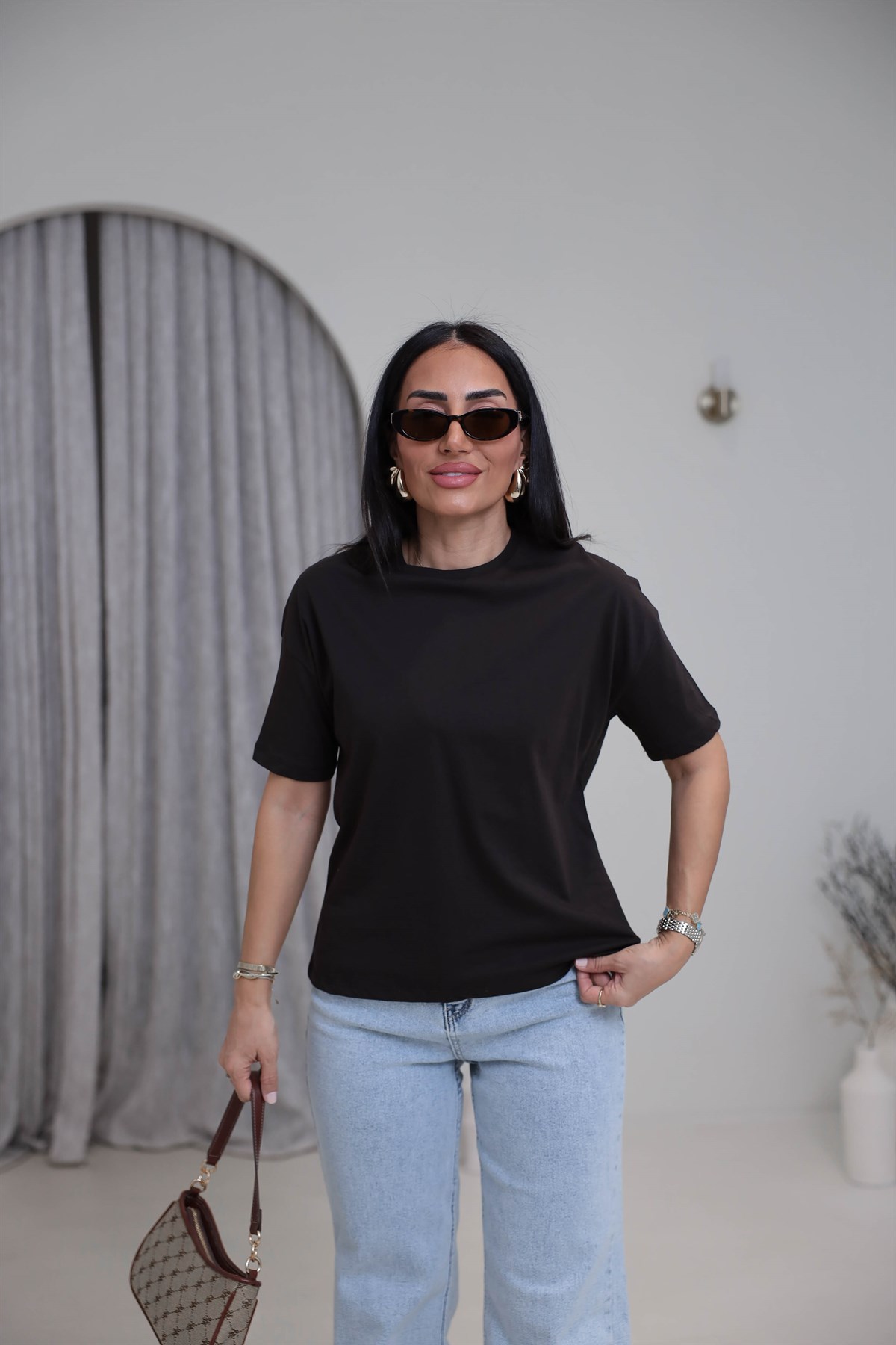 3683Y Bisiklet Yaka Pamuklu Basic Tshirt KOYU KAHVE