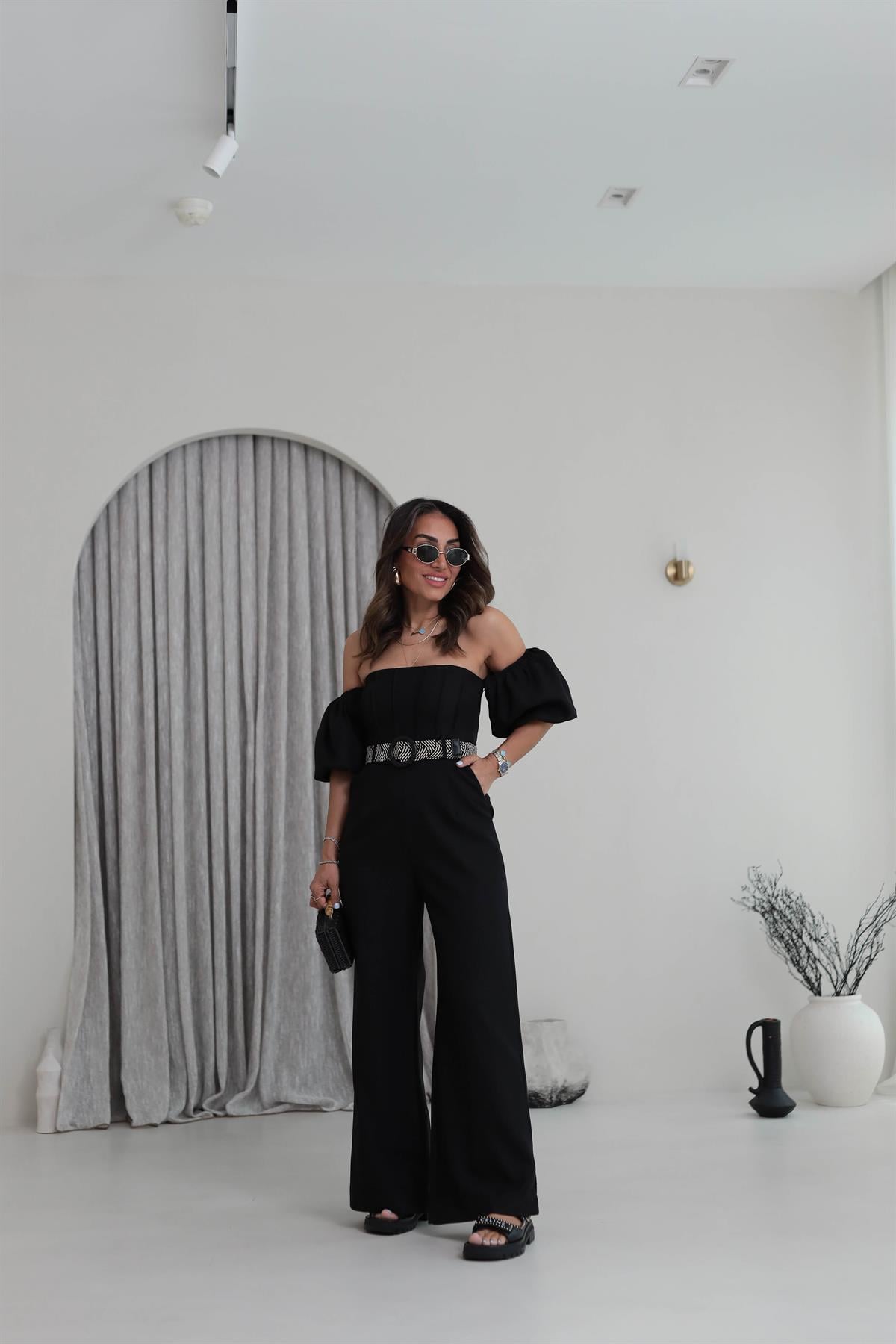 2387 Balon Bol Kemerli Keten Tulum SİYAH