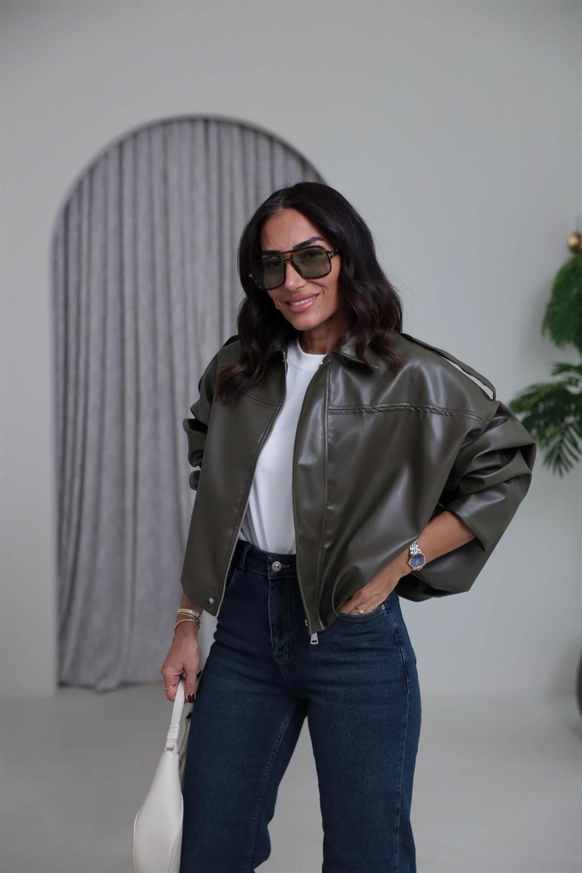 4221 Gömlek Yaka Suni Deri Bomber Ceket HAKİ YEŞİL