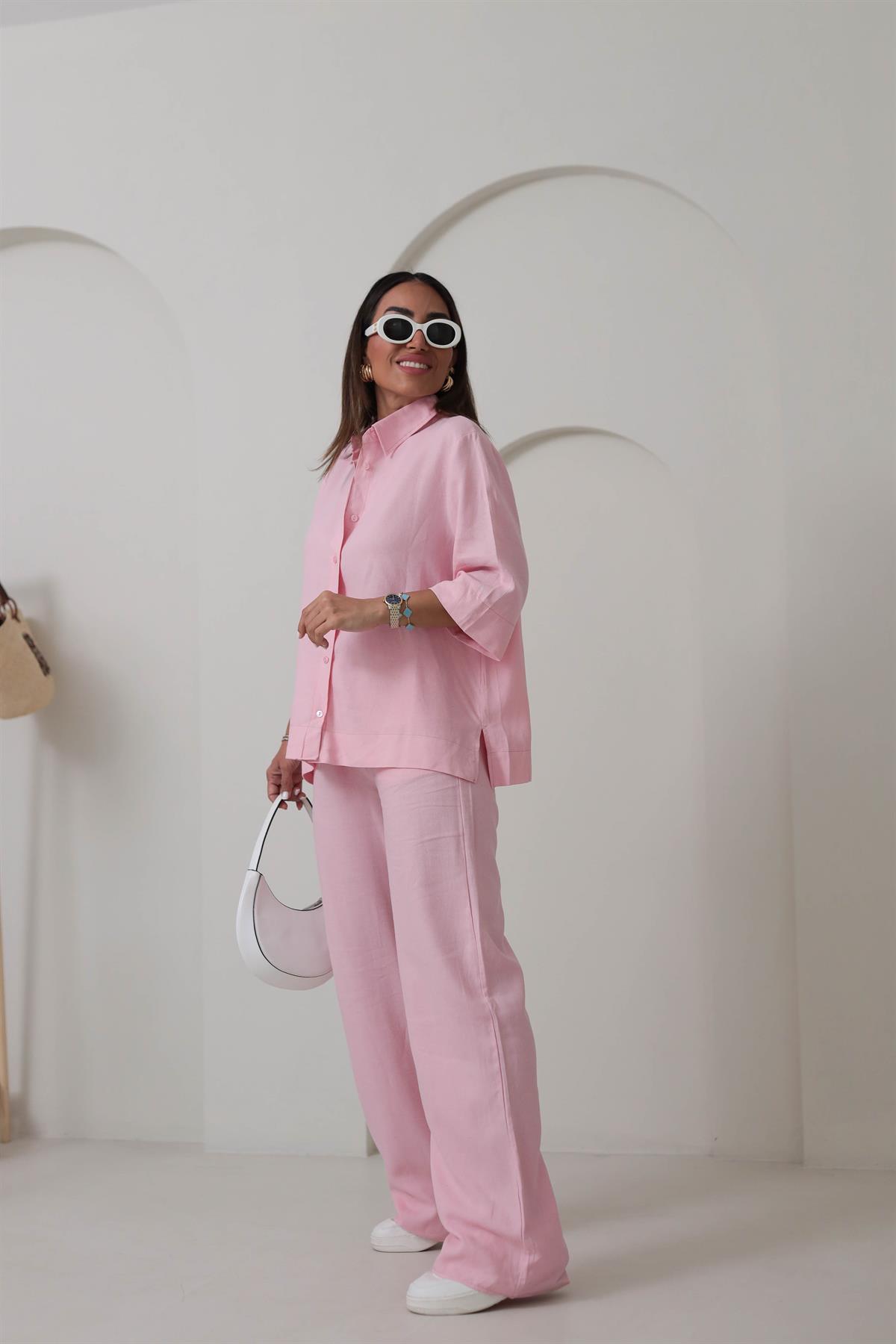 0390 Yarım Kol Gömlekli Pantolonlu Keten Takım PEMBE