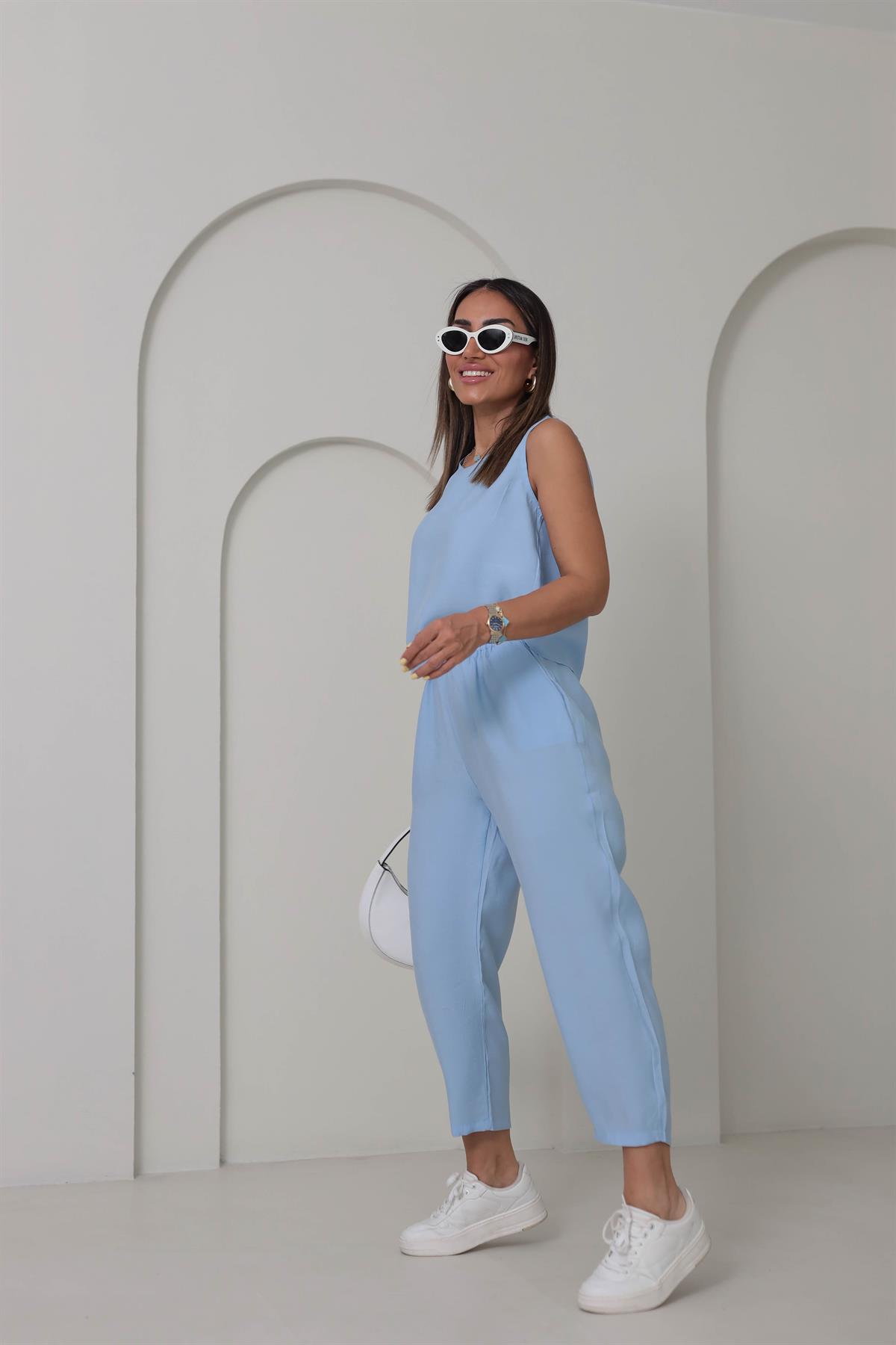 3089 Tencel Kumaş Kolsuz Takım BEBE MAVİ