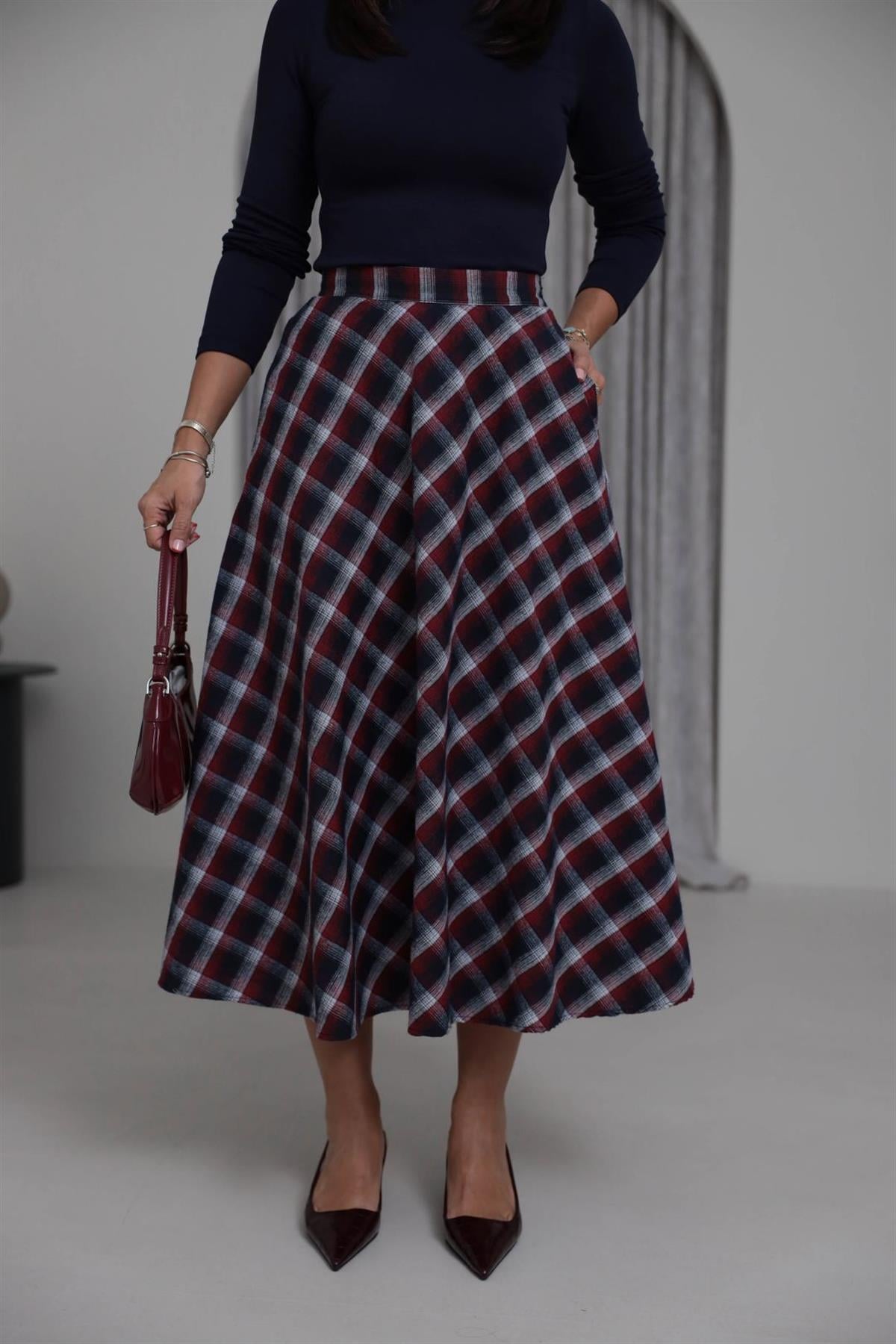 4086 Midi Boy Ekose Etek BORDO-LACİ