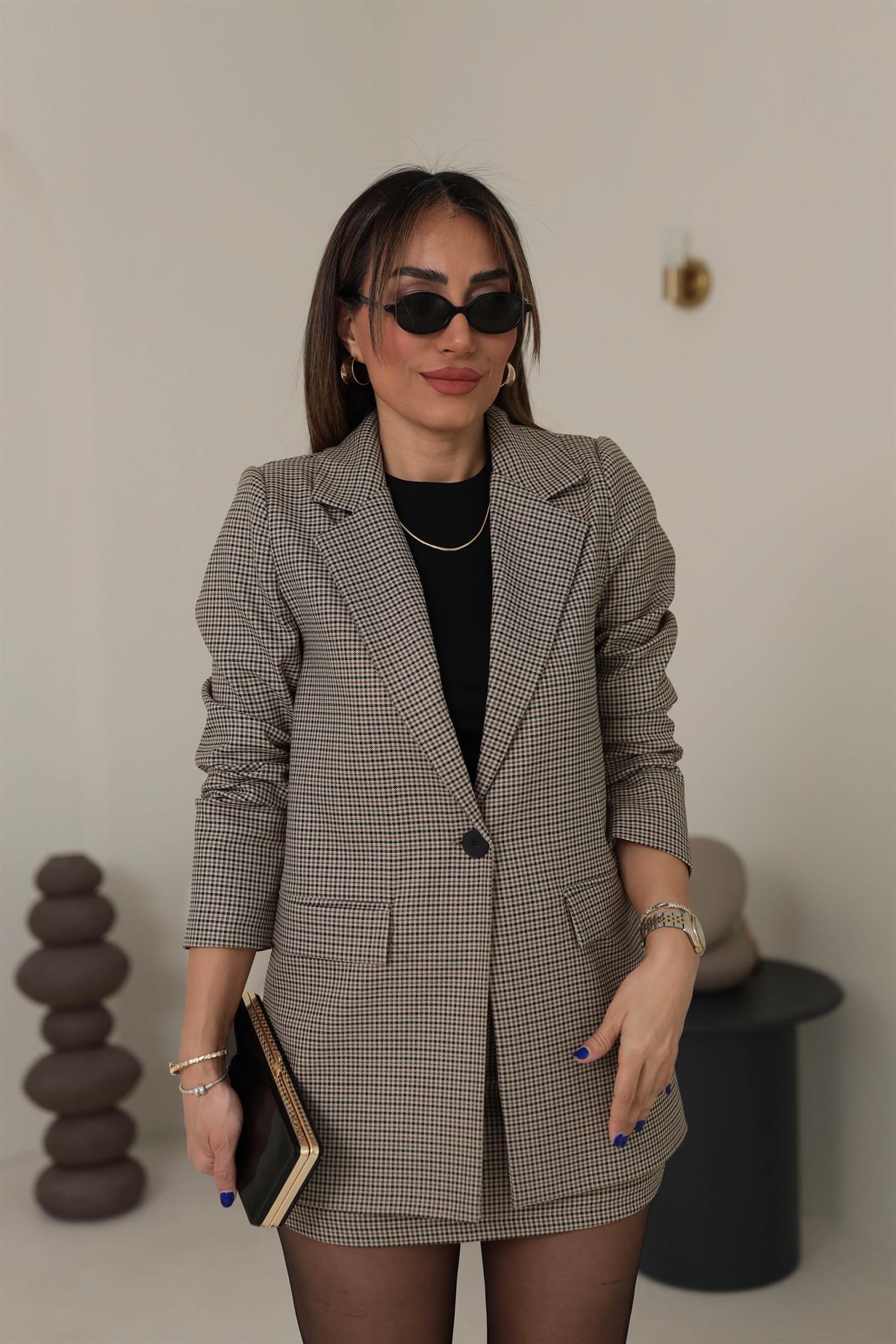 Kazayağı Desenli Blazer Ceket BEJ-KAHVE