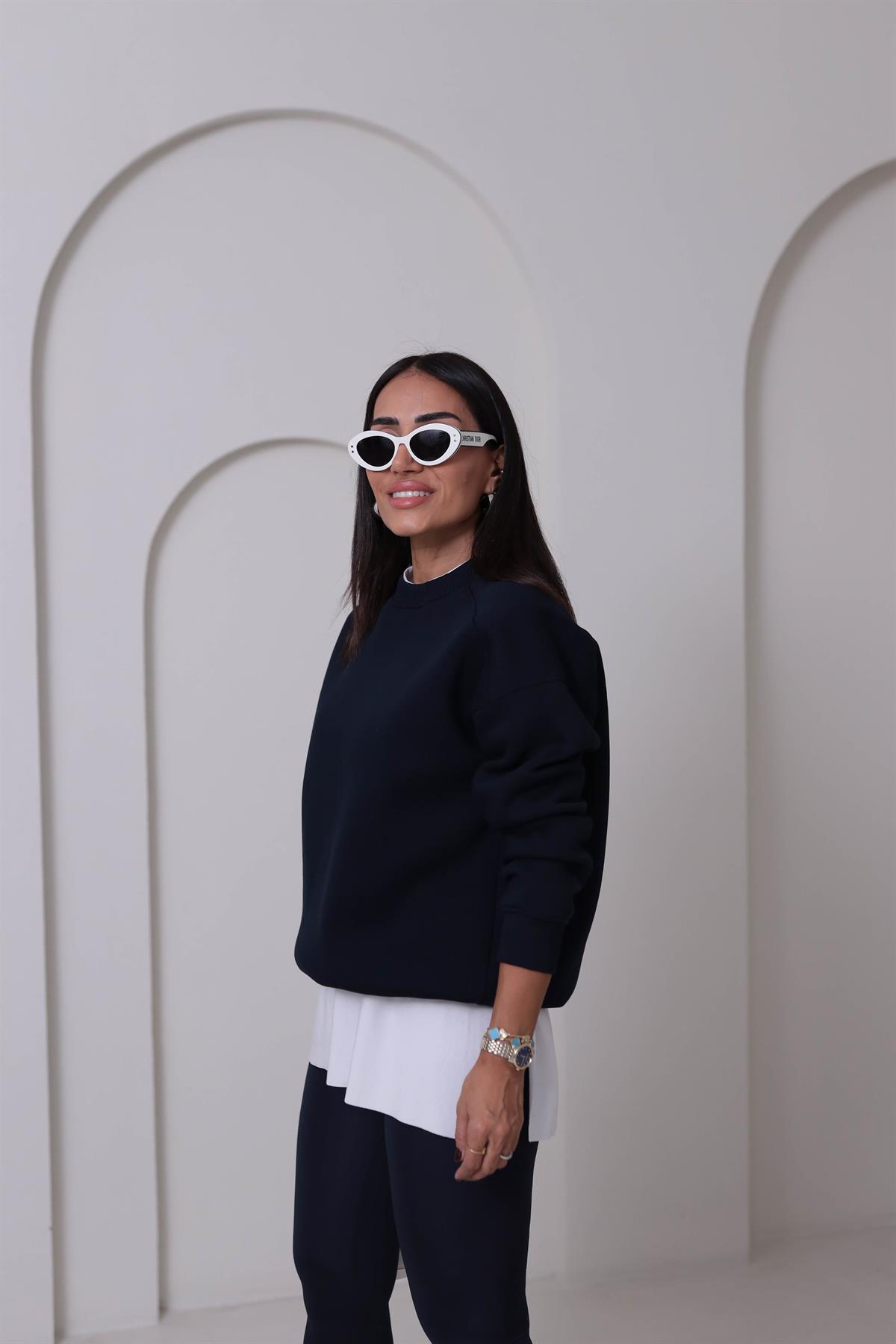 7912 Bisiklet Yaka Şardonlu Sweatshirt LACİVERT