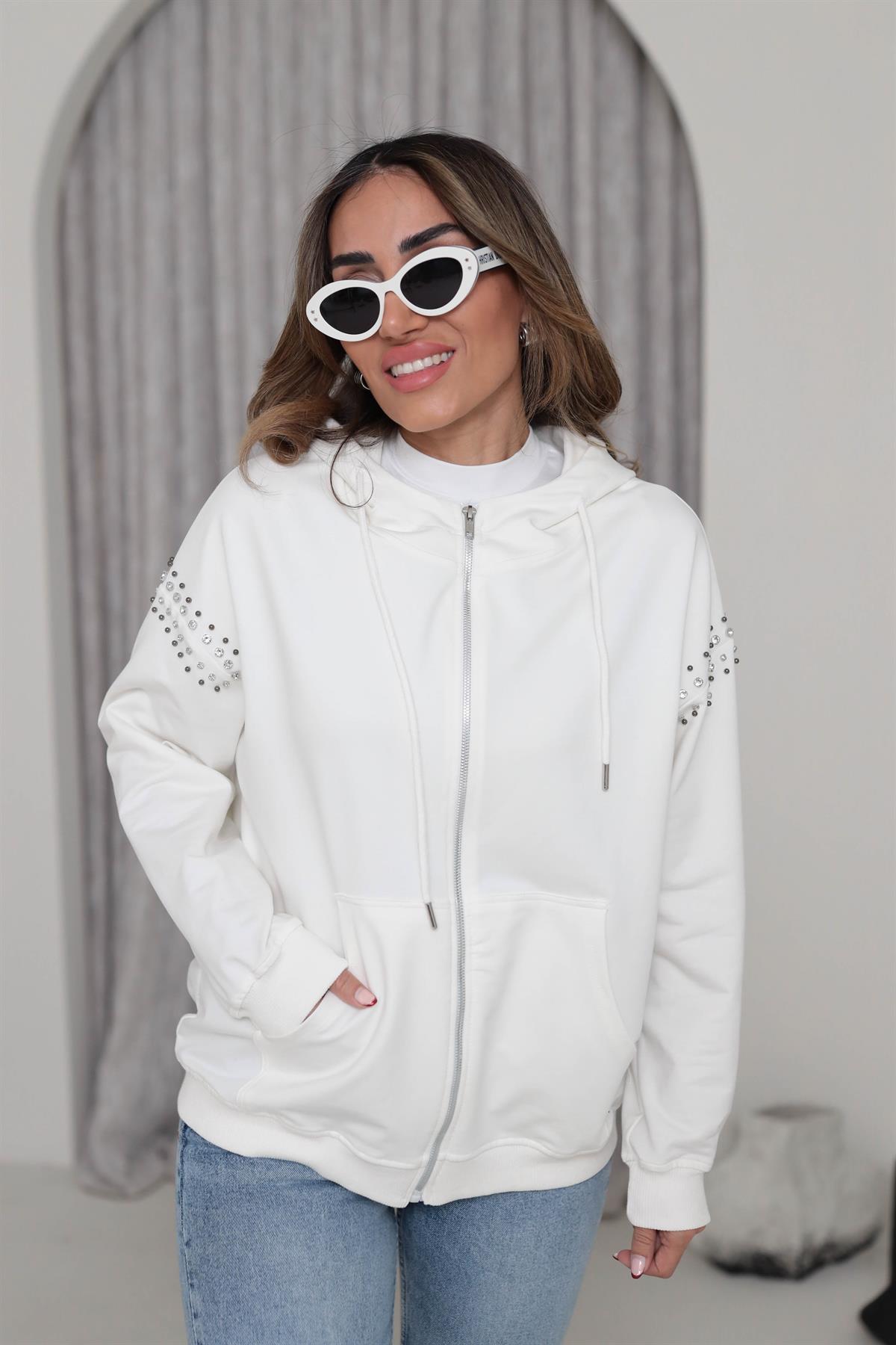 5294 Fermuarlı Kolları Taşlı Kapşonlu Sweatshirt EKRU