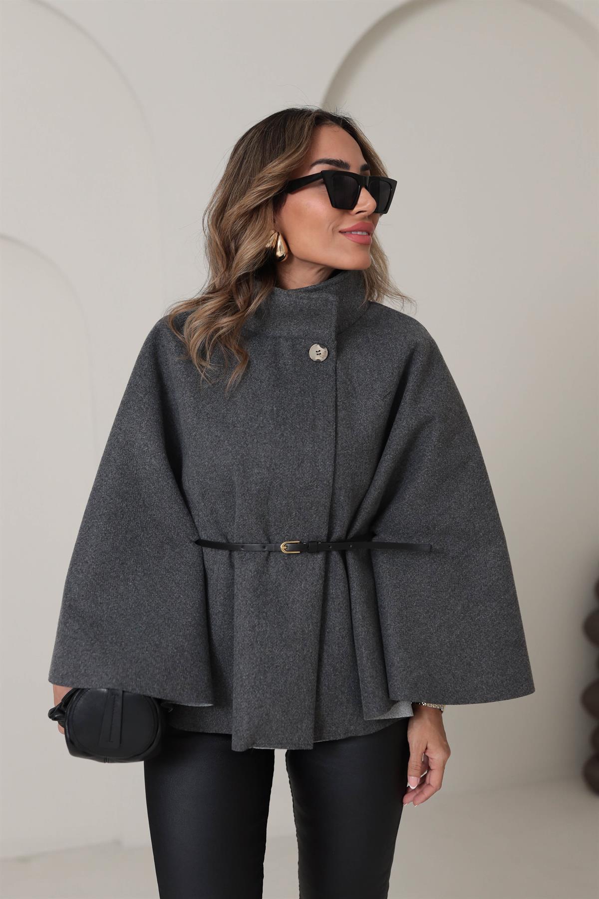 80167 Kemerli Dik Yaka Kaşe Panço ANTRASİT