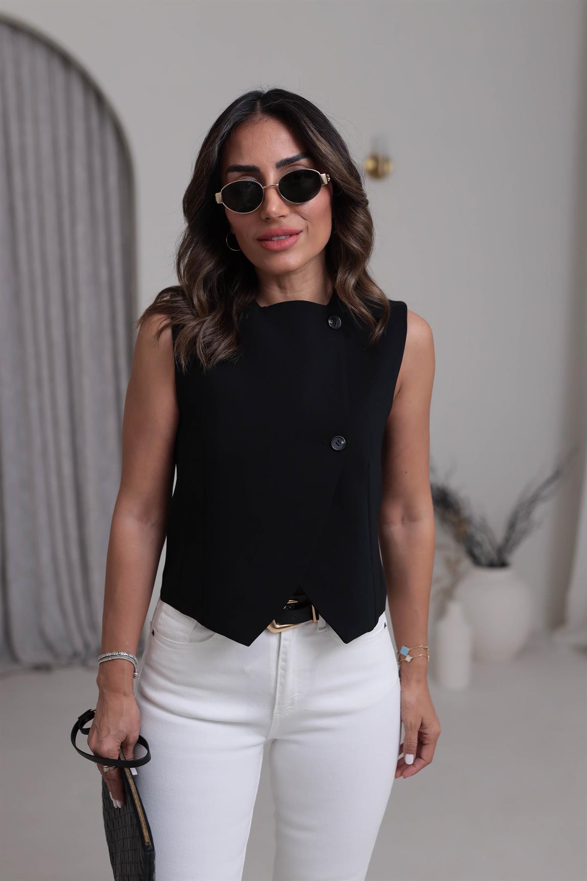 6832 Asimetrik Kesim Çift Düğmeli Double Yelek SİYAH