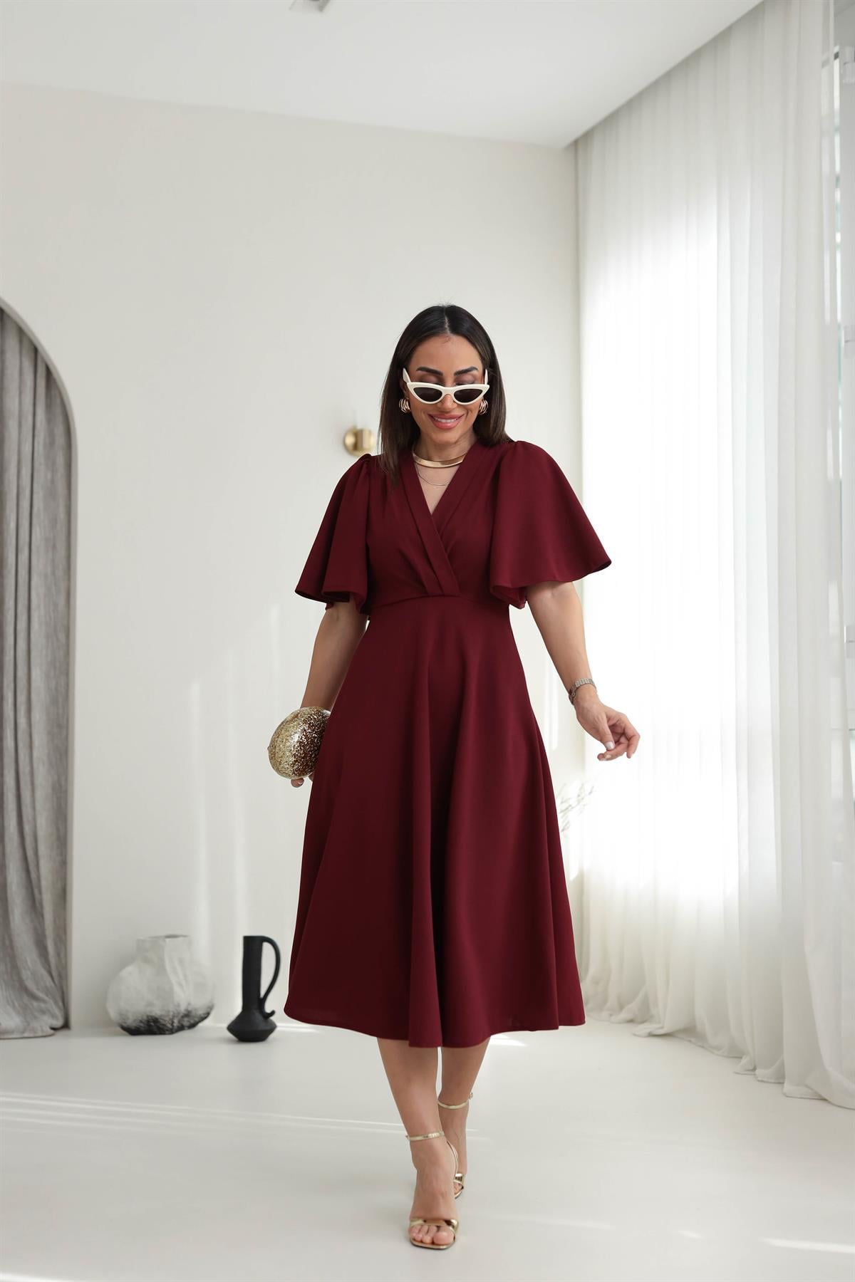3707 Kol Volanlı Krvaze Yaka Midi Boy Elbise BORDO