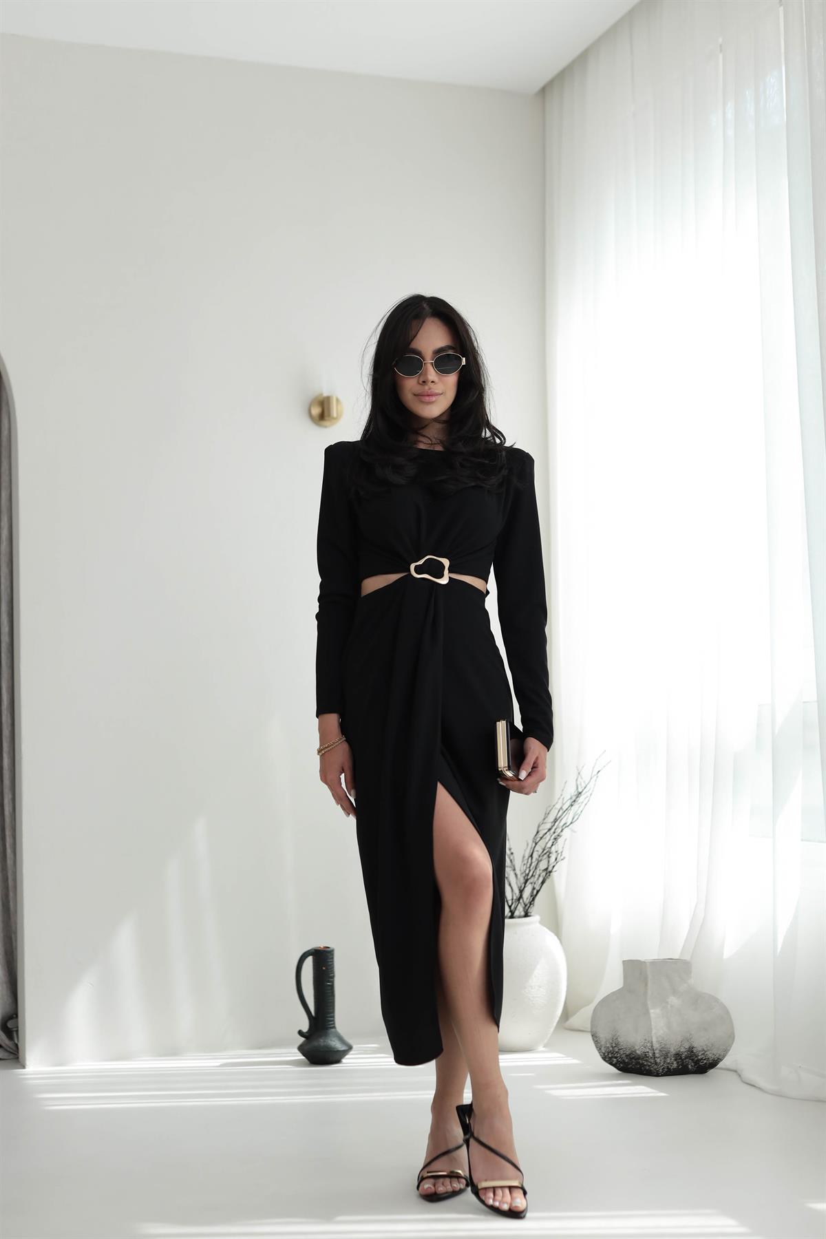 3655 Gold  Aksesuarlı Bel Dekolteli  Midi Elbise SİYAH