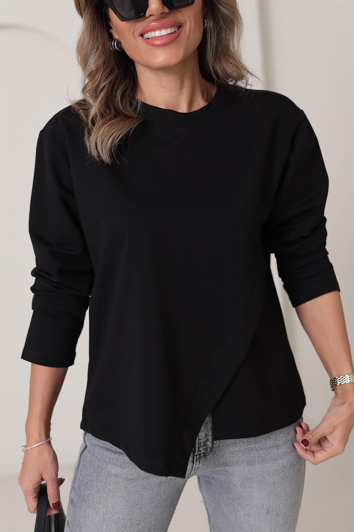 9076 Asimetrik Ön Dikiş Detaylı Sweatshirt SİYAH