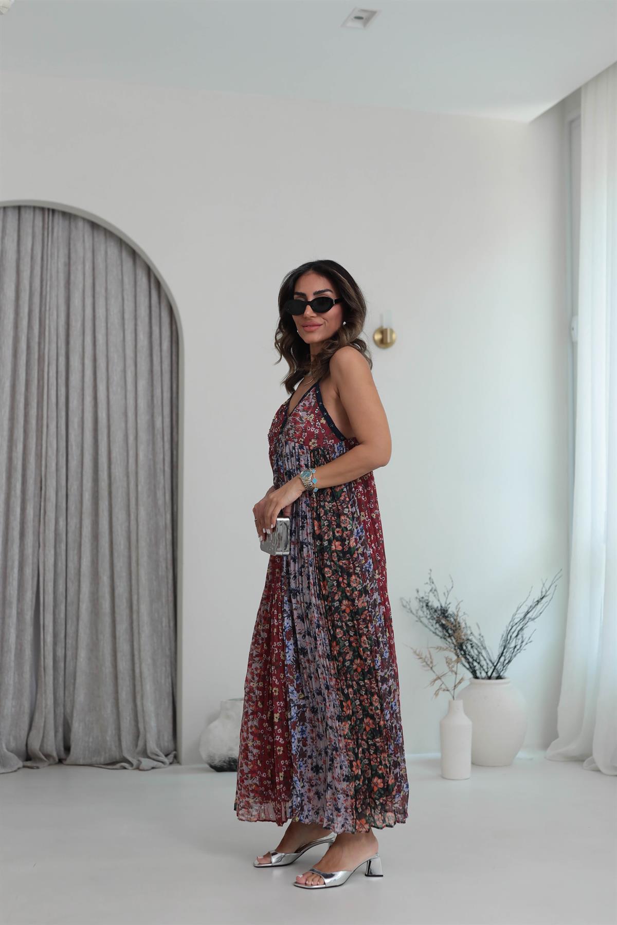 6367 İşlemeli Çiçek Desenli Pliseli Elbise ÇİÇEKLİ