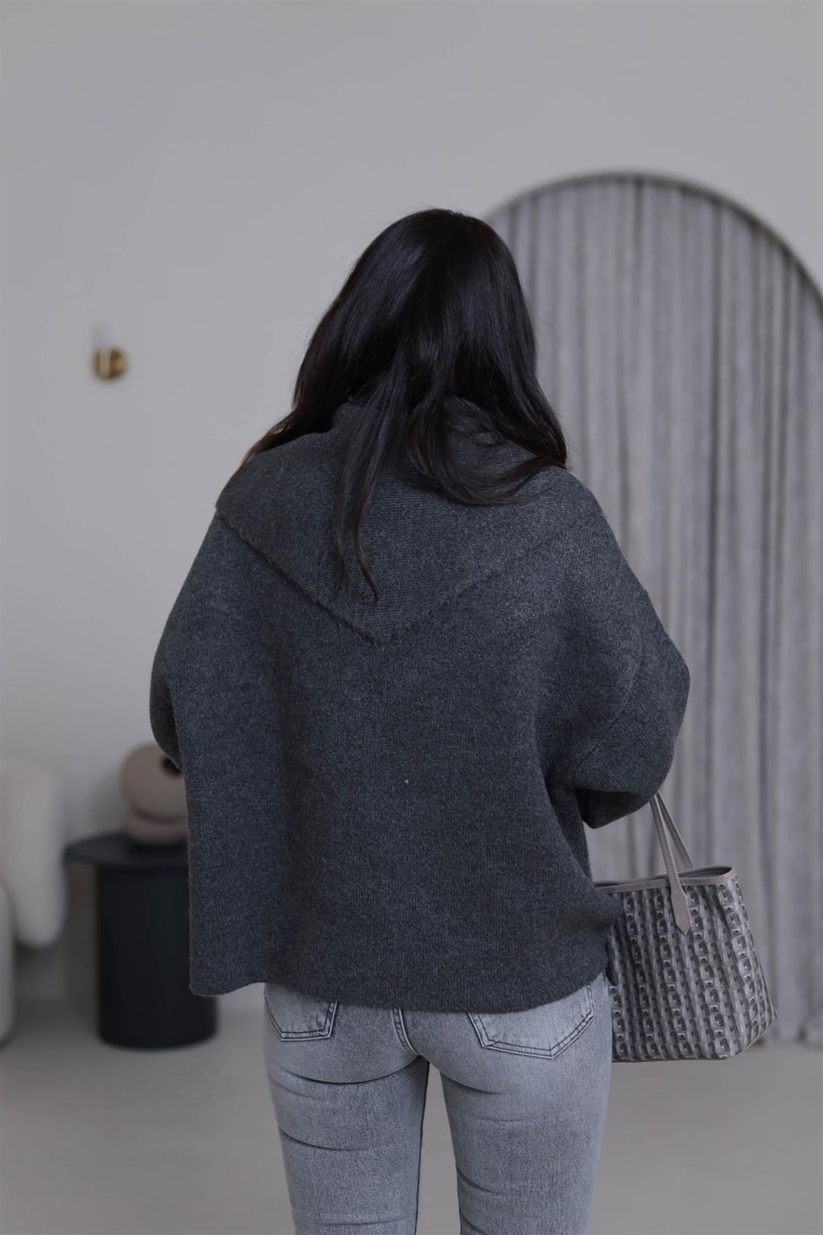 2567 Bisiklet Yaka Şal Detaylı Triko Kazak ANTRASİT