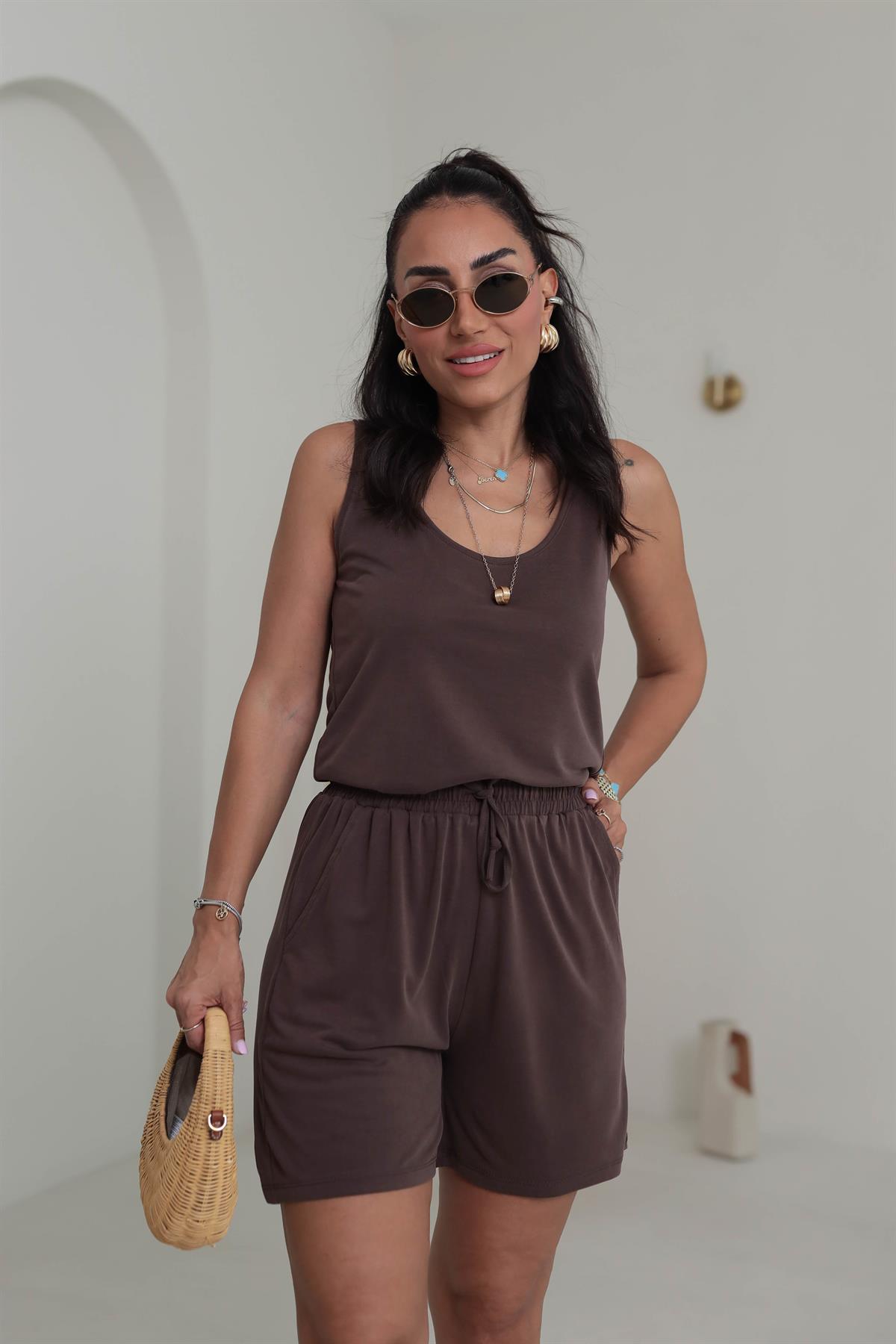 Kalın Askılı Şortlu Modal Takım KAHVE