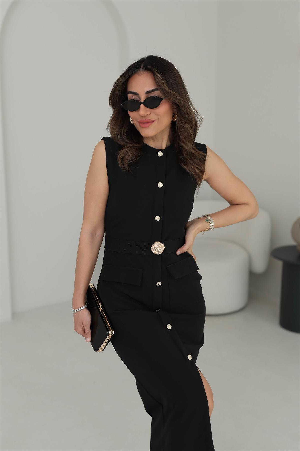 0298 Sıfır Kol Broş Kemerli Cep Detaylı  Elbise SİYAH