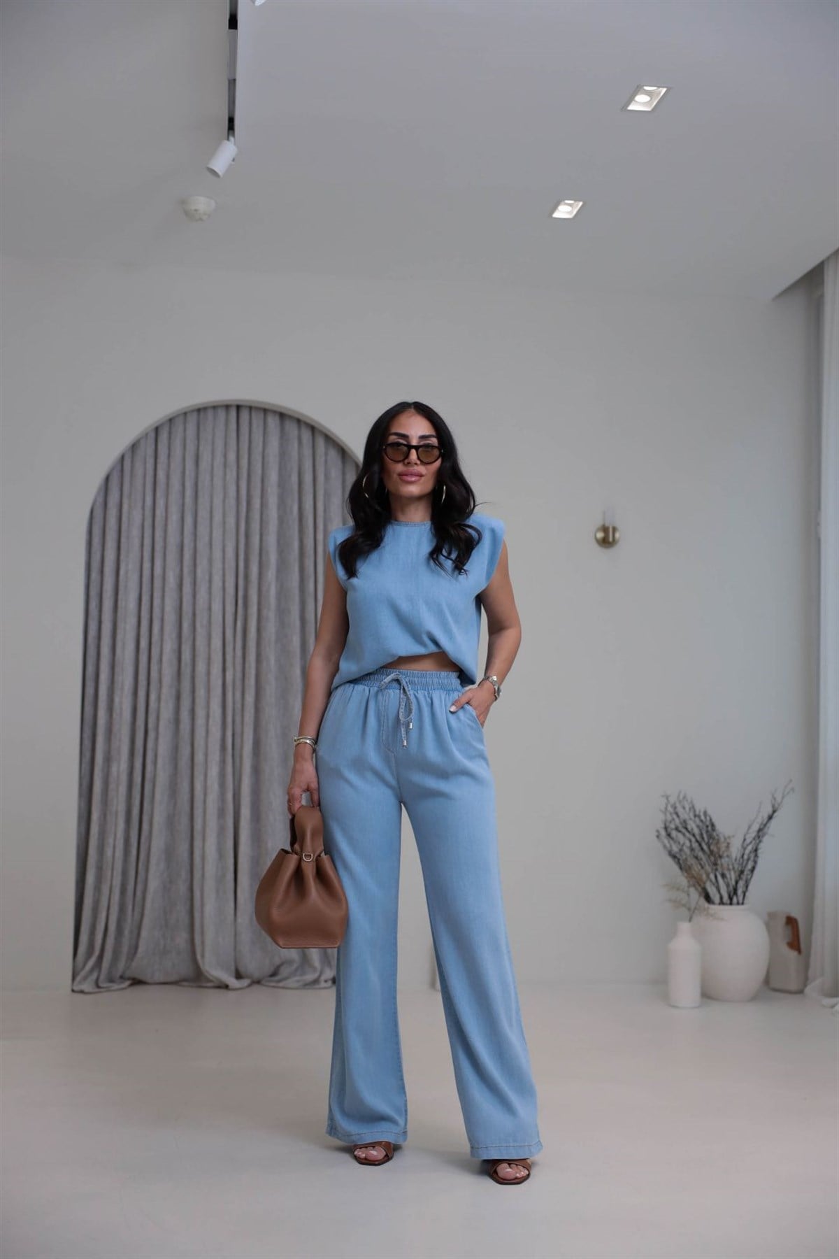 7358 Vatkalı Sıfır Kol Denim Tencel Kumaş Takım BUZ MAVİ