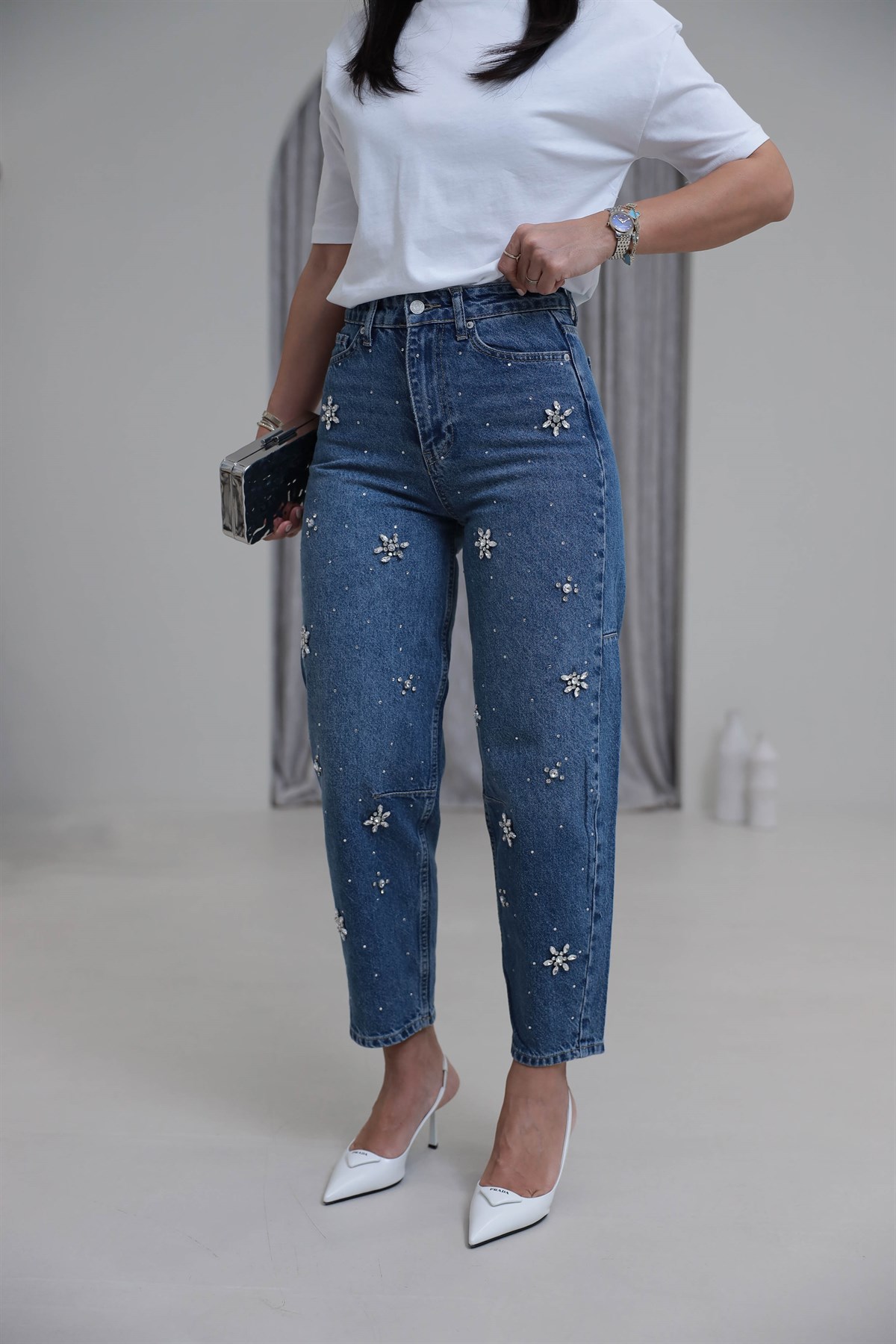 1015 Motif Taşlı Bol Kalıp Jean Pantolon MAVİ