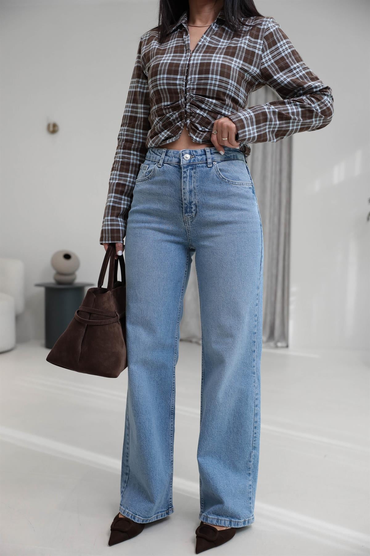 1071 Yüksek Bel Dökümlü Palazzo Jean ORTA MAVİ