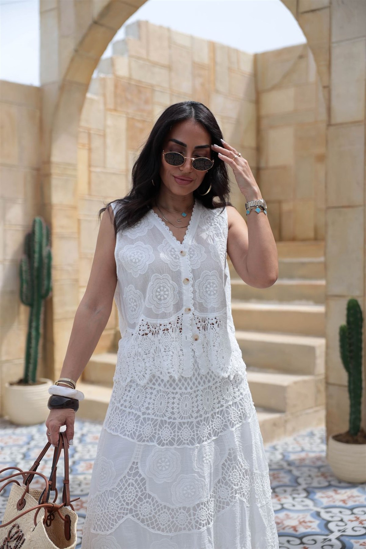 8402 Dantel Garnili İşleme Detaylı İthal Yelek BEYAZ