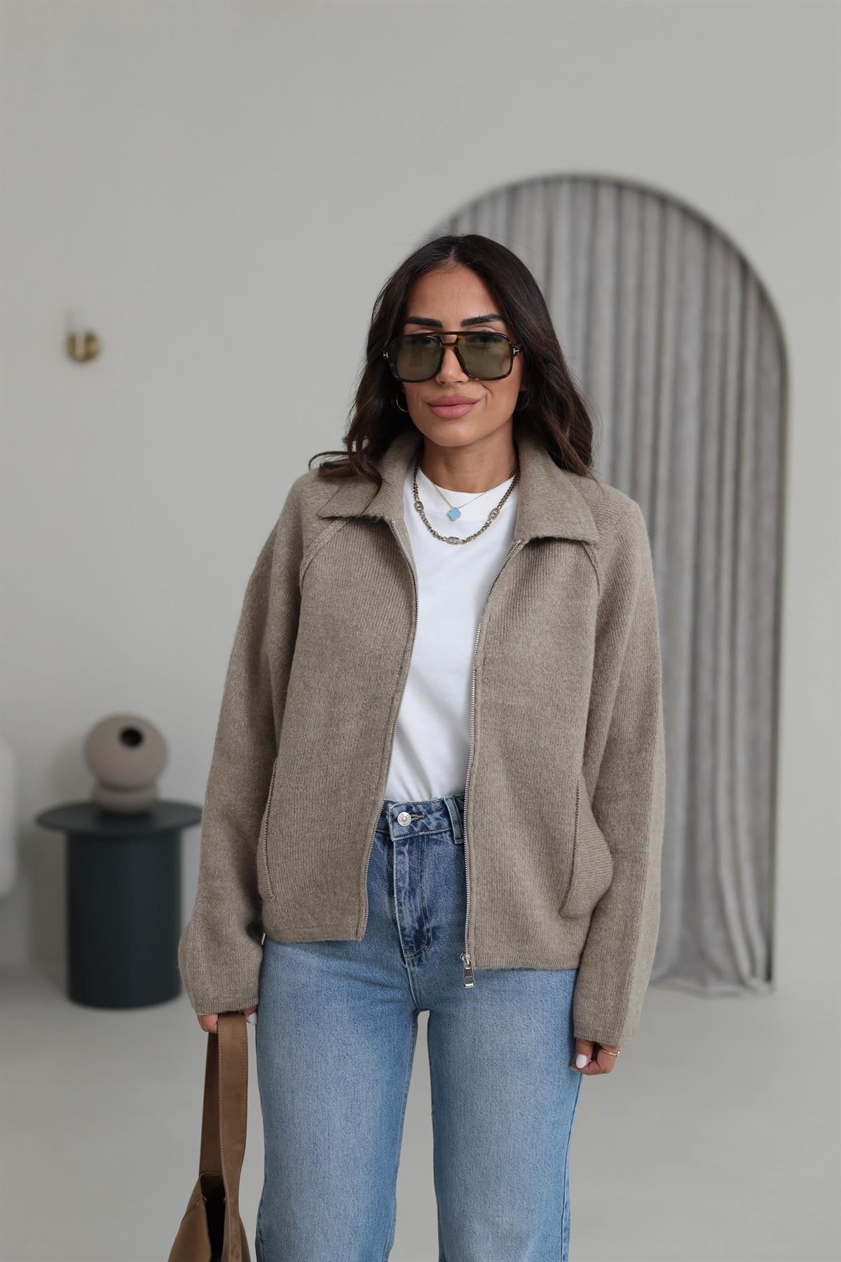 4904 Fermuar Detaylı Reglan Kol Triko Hırka VİZON