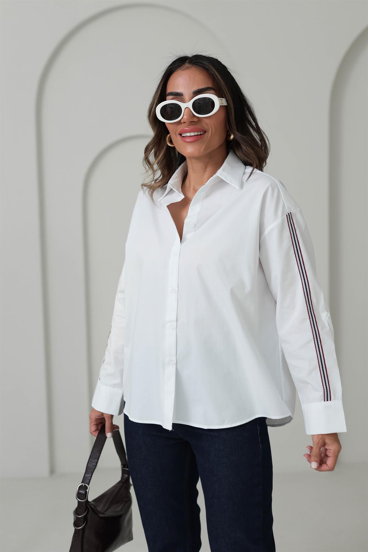 6431 Kol Katlamalı Biyeli Gömlek BEYAZ