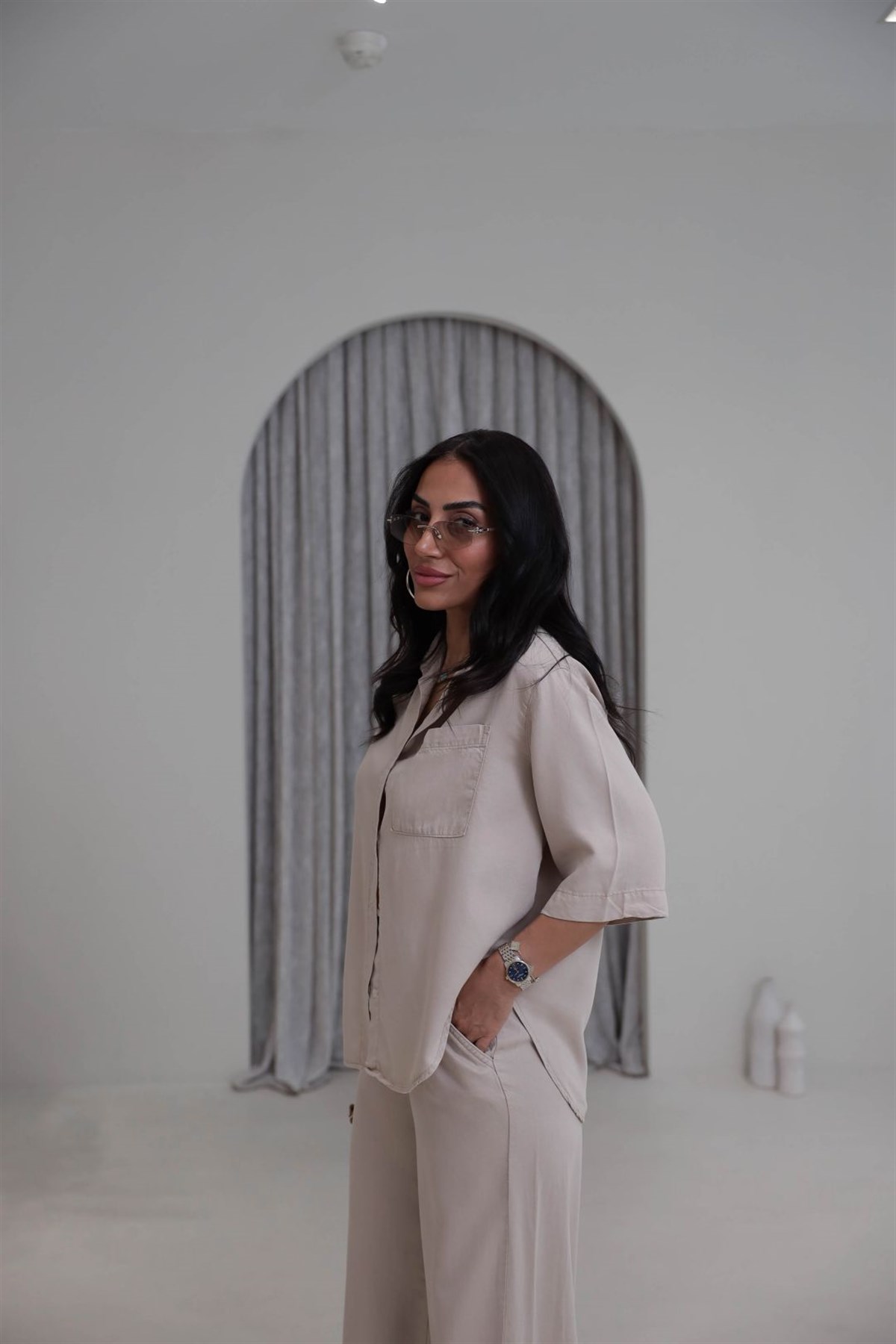 3444  Soft Tencel Kumaş Oversize Takım BEJ