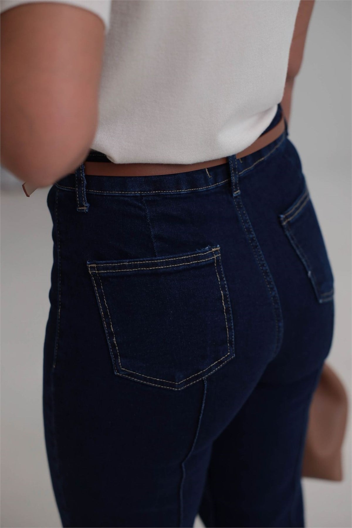 2628 Kemerli Önü Çimalı Denim Pantolon KOYU MAVİ
