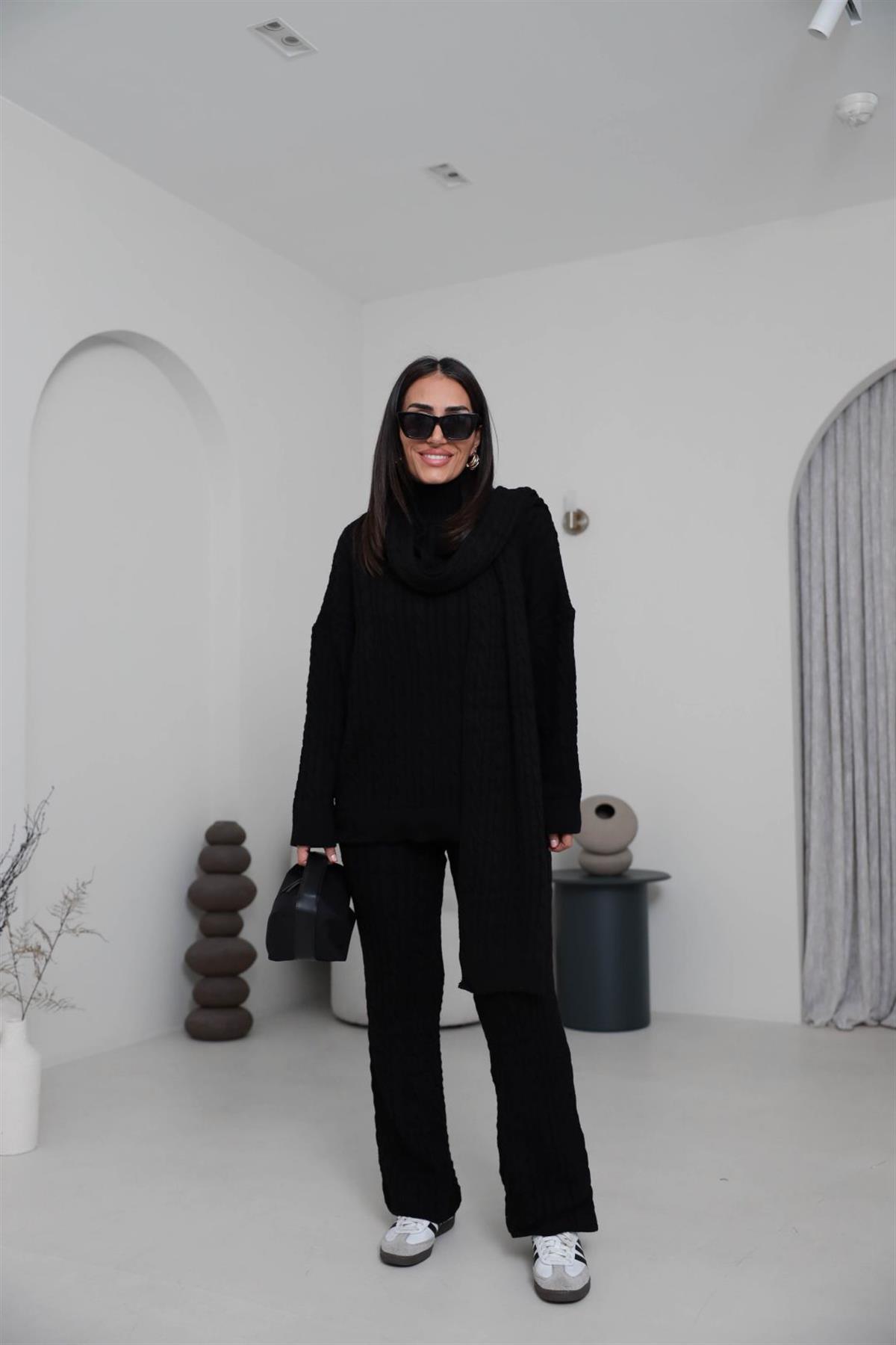 2464 Şal Detaylı Üçlü Triko Takım SİYAH