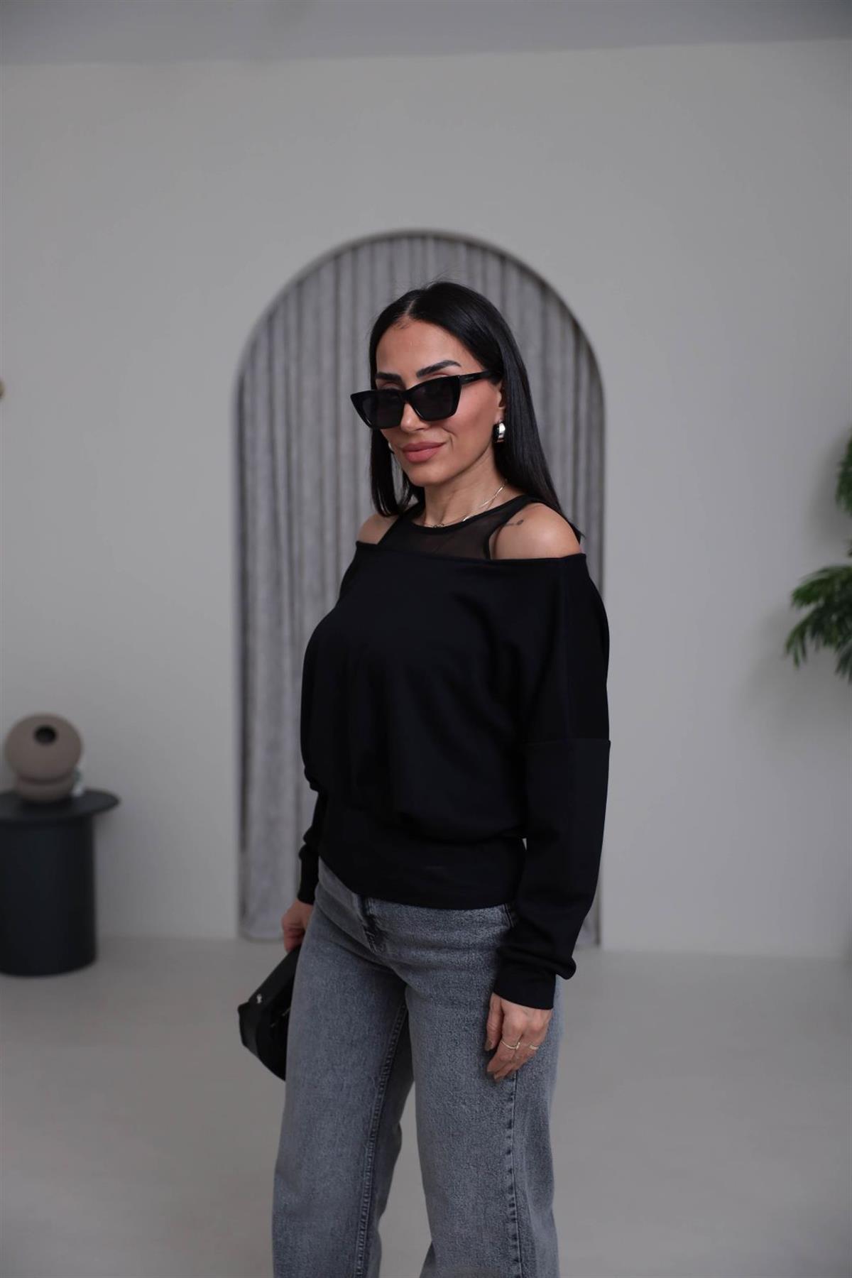 6710 Kol Dekolteli Tül Detaylı Bluz SİYAH