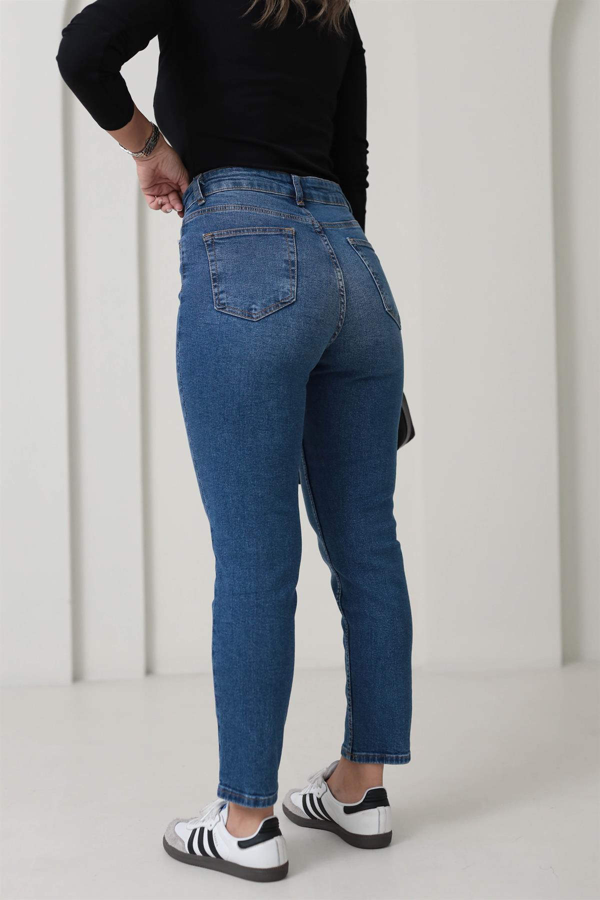 1002 Mom Fit Likralı Jean MAVİ