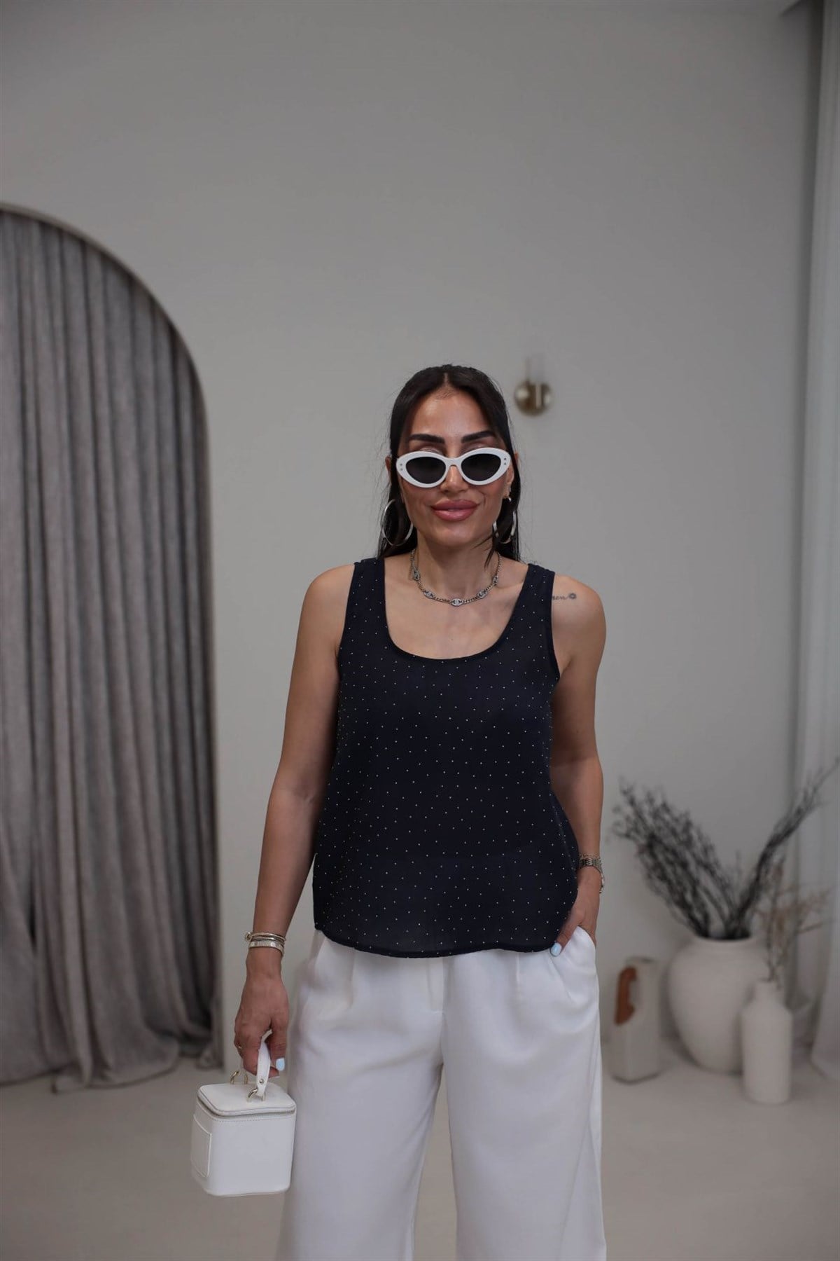 8241 Kalın Askılı Serpme Taşlı Tencel Atlet LACİVERT